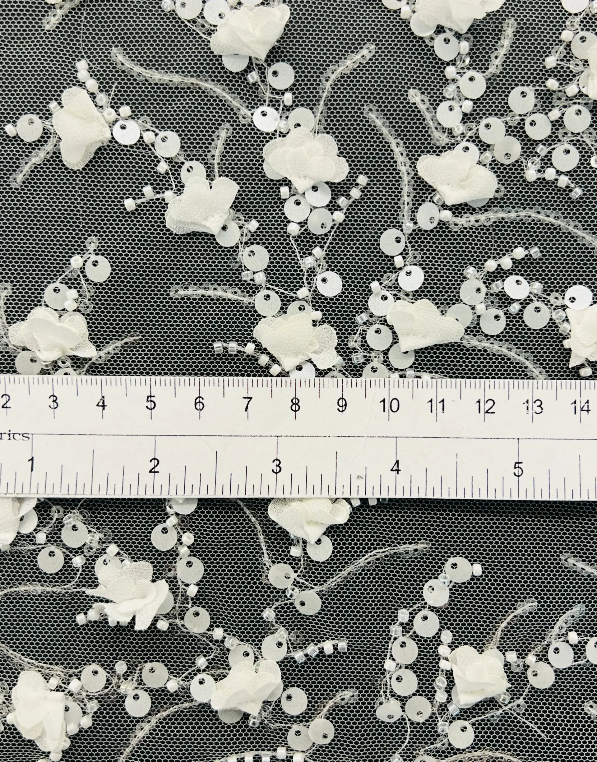 Hand Beaded and Sequined Nylon Tulle in White