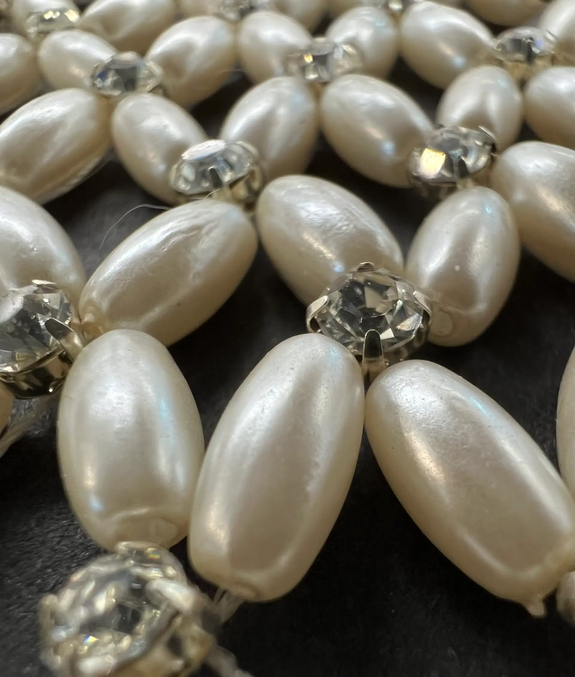 Hand Sewn Pearls and Crystal on Mesh in Champagne