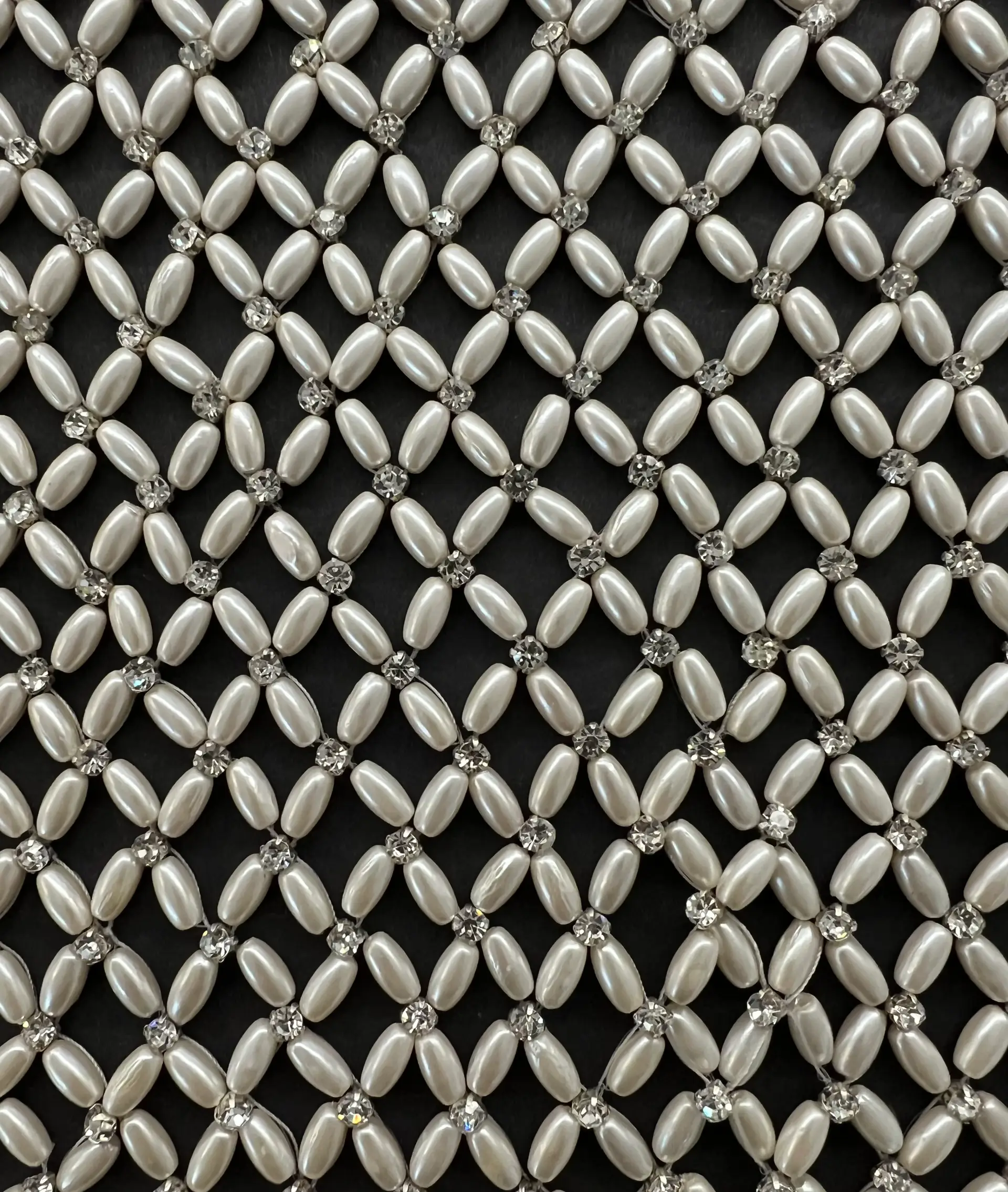 Hand Sewn Pearls and Crystal on Mesh in Champagne