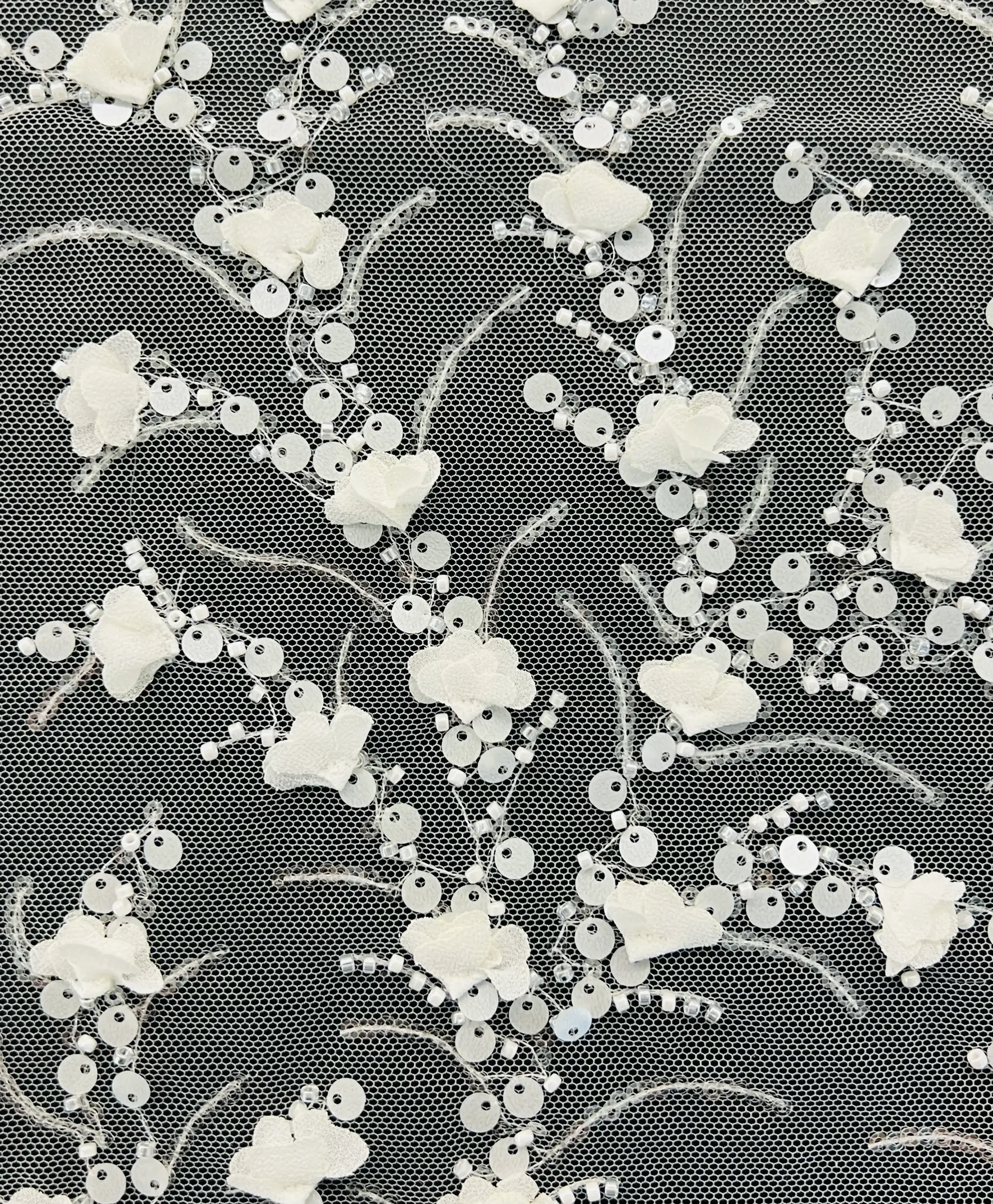 Hand Beaded and Sequined Nylon Tulle in White