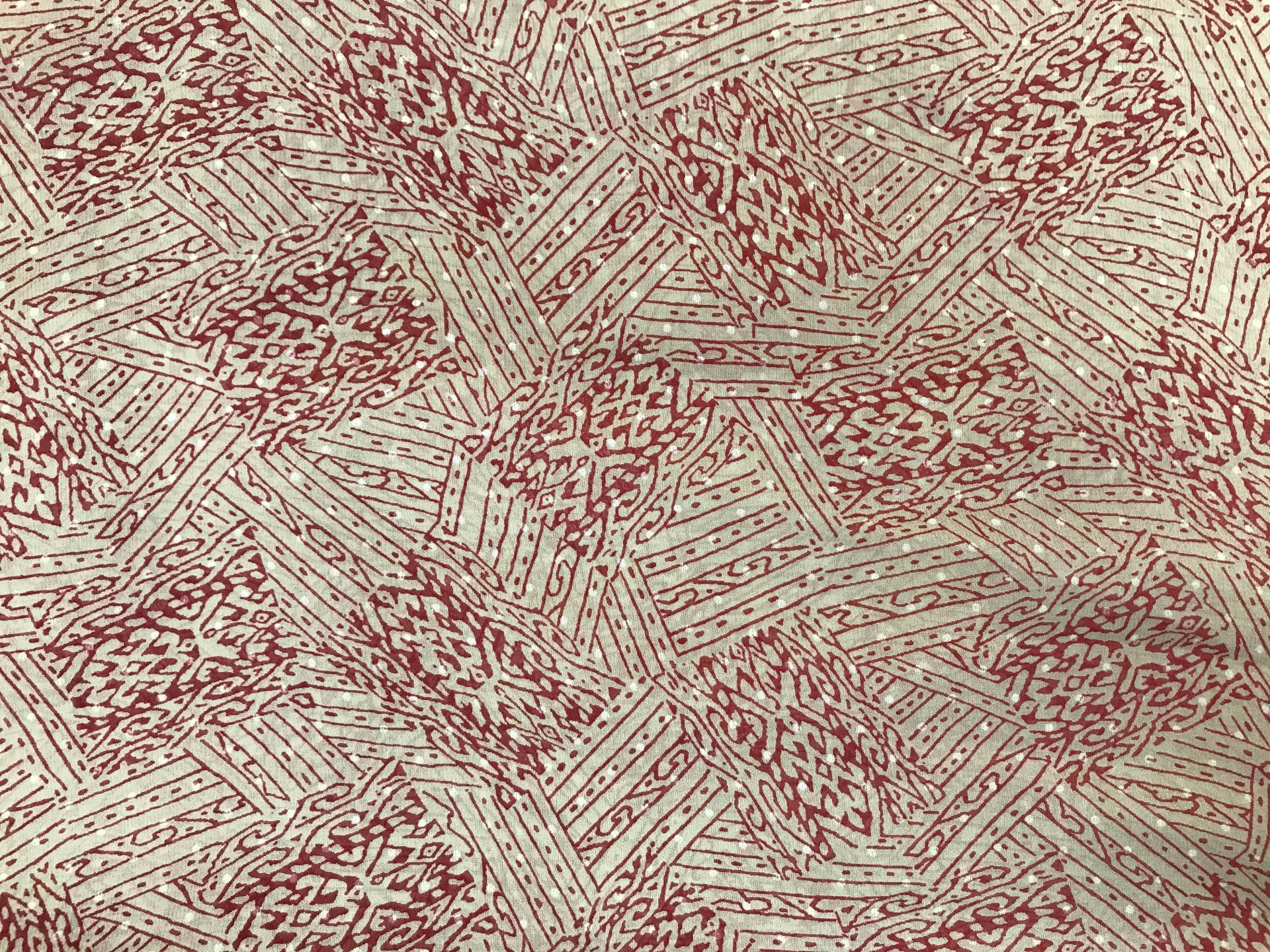 taupe printed silk chiffon with red abstract patterns