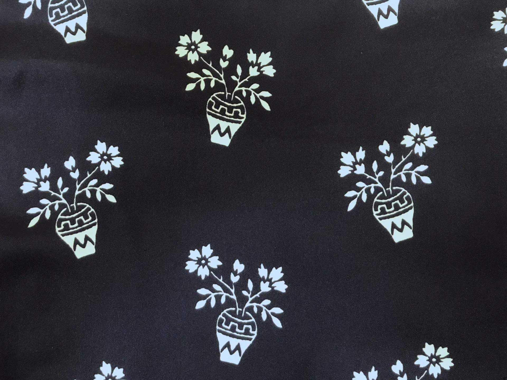 navy printed silk twill with white vases with flowers 