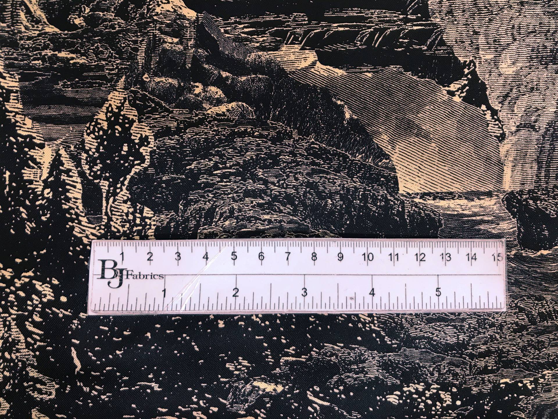Printed Silk Twill with Large Mountainscape with ruler to show scale