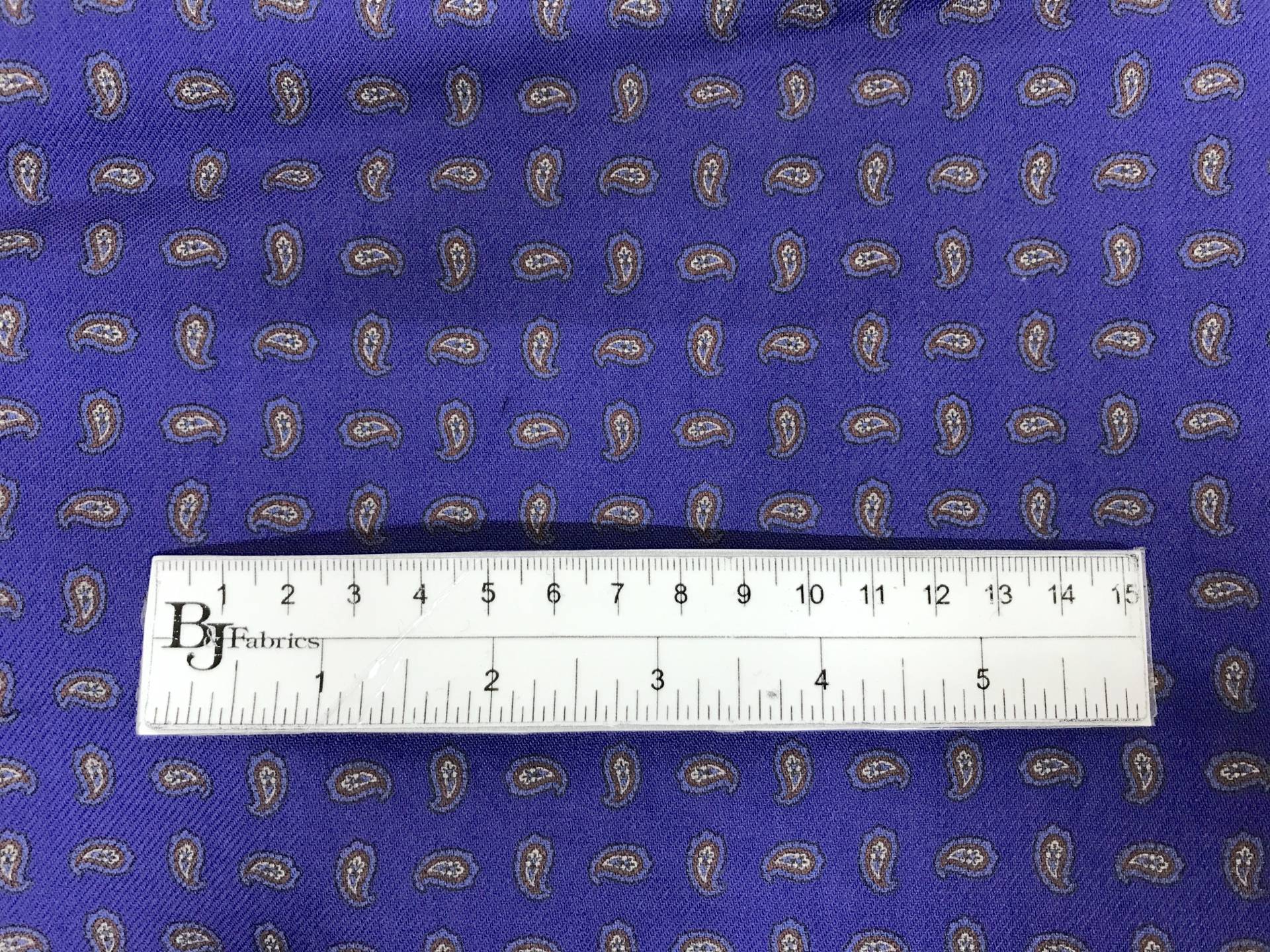 Italian Cobalt Wool Challis with Small Paisleys with ruler to show scale 