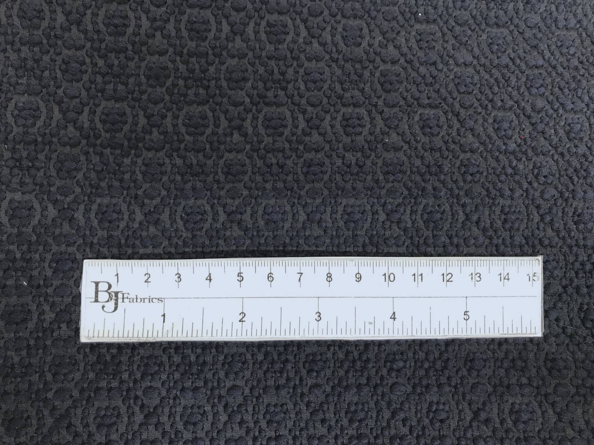 Italian Wool and Polyester Brocade in Black and Navy with ruler to show scale