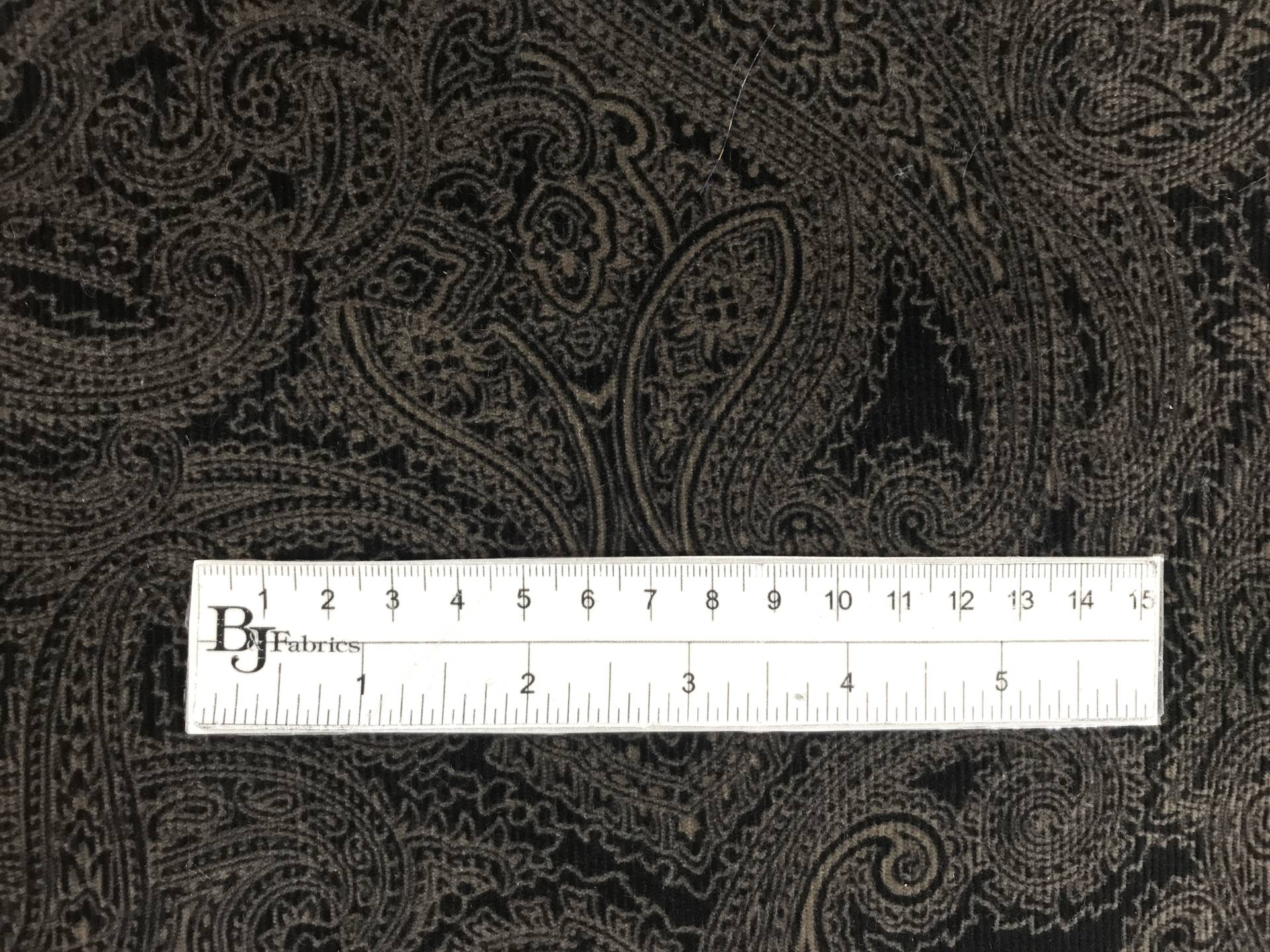 Printed Stretch Cotton Velvet with Paisley Patterns with ruler to show scale