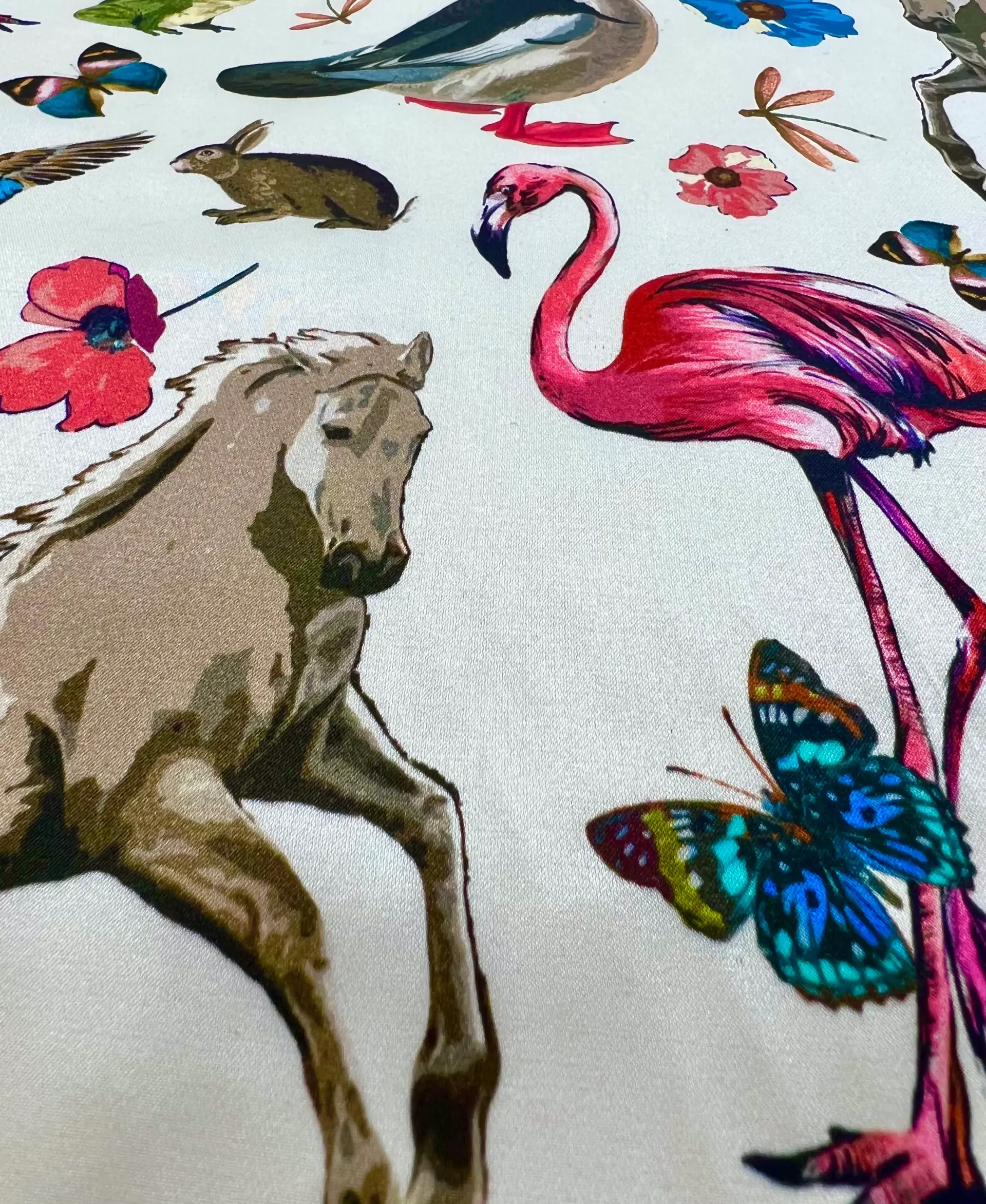 MADE IN ITALY SILK//COTTON/SPANDEX MONKEY PRINTED CHARMEUSE ANIMAL FLORAL ON WHITE GREY BACKGROUND