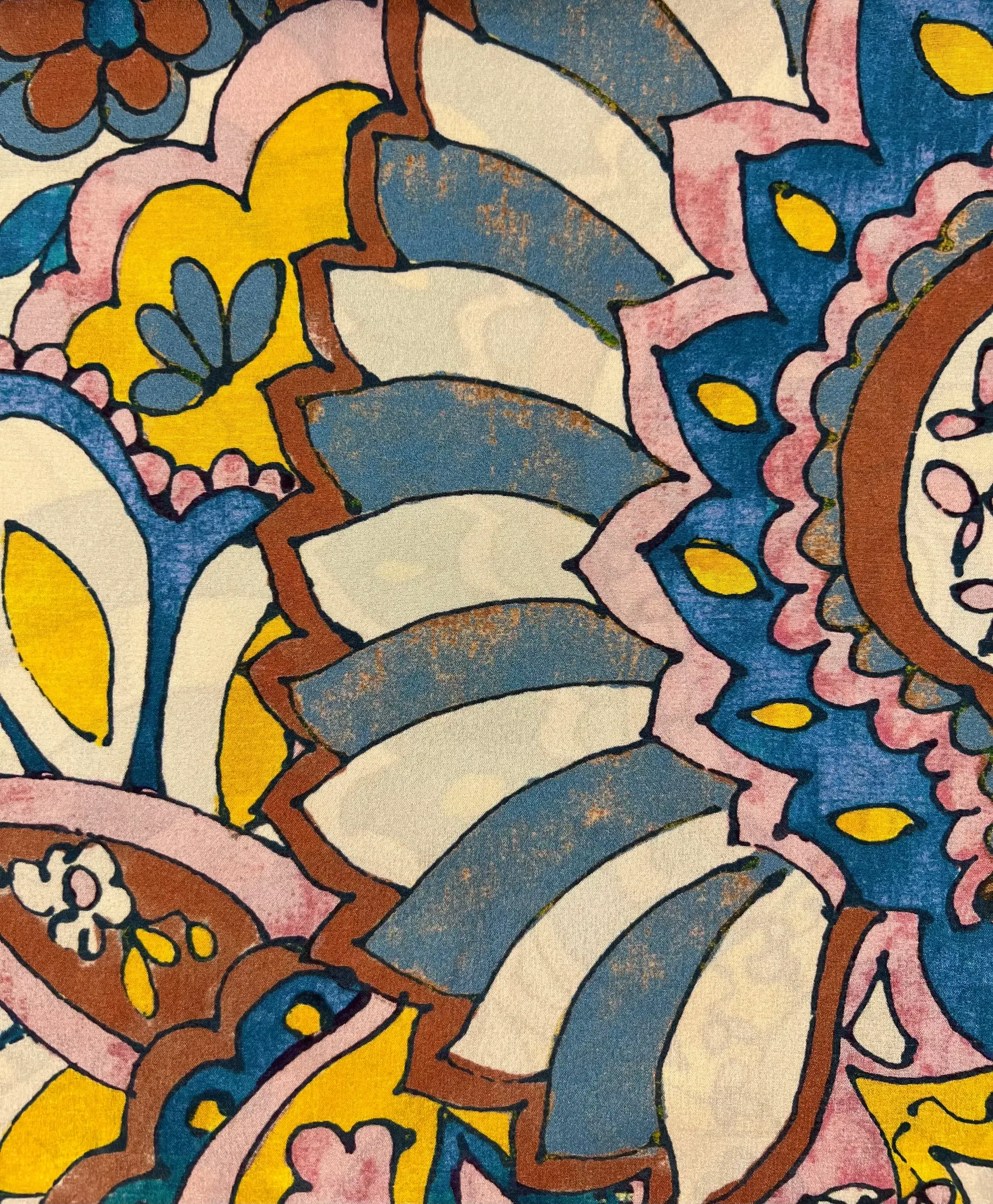 Printed Stretch Silk Crepé de Chine in Yellow, Blues and Browns