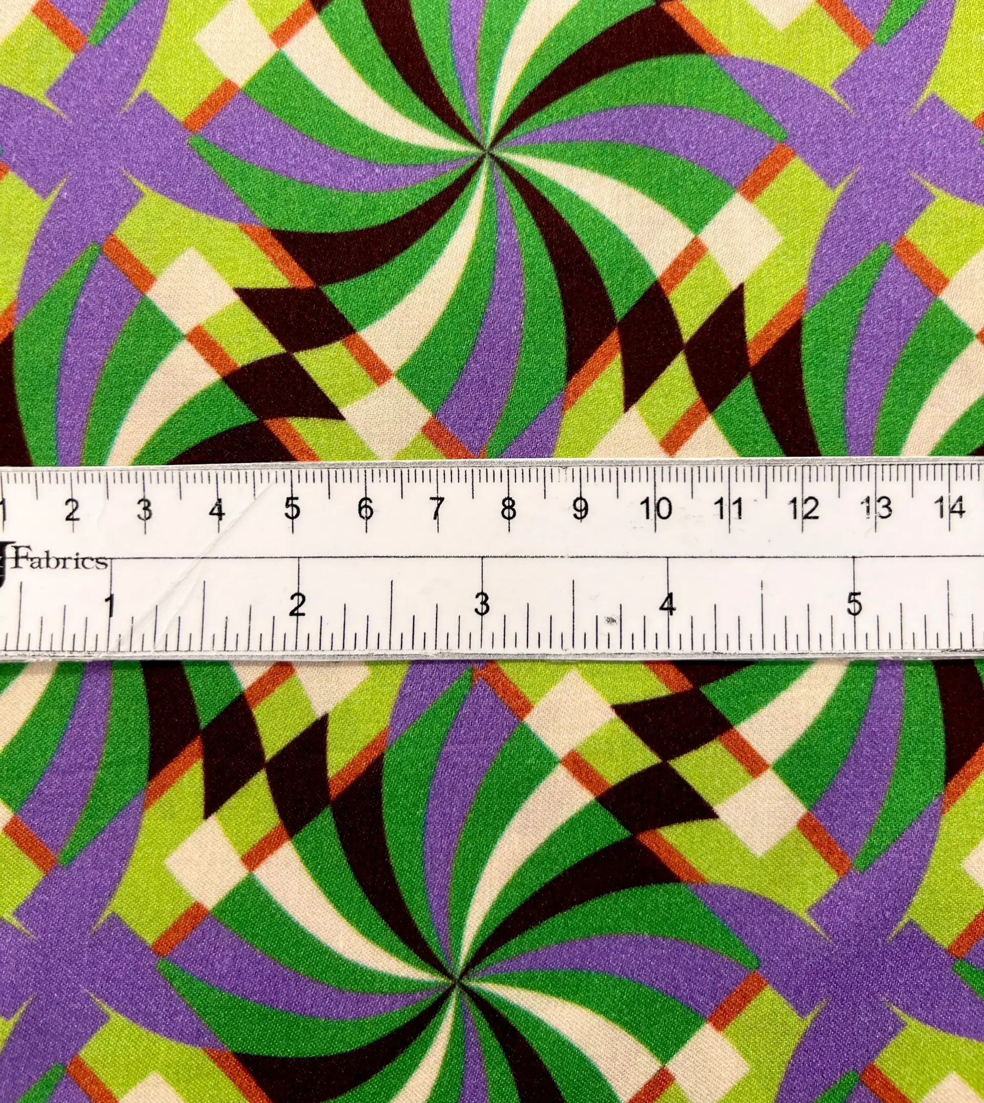 Printed Viscose Challis Sateen in Mint/Black/Yellow/Purple 