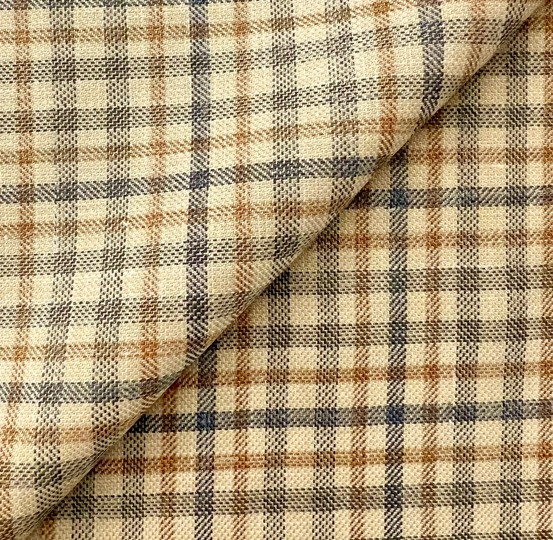 Italian Wool Silk and Linen Blend Plaid in Beige