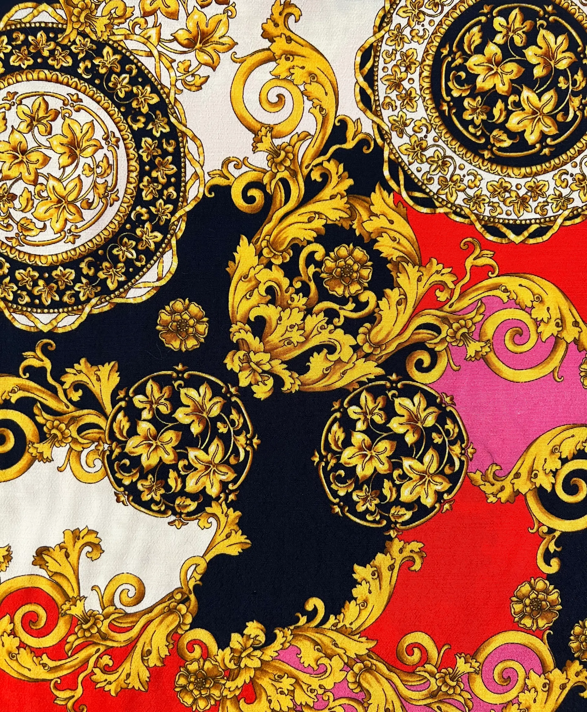 Viscose Tissue Crepe Baroque Print in Navy/Red/Gold/White/Gold