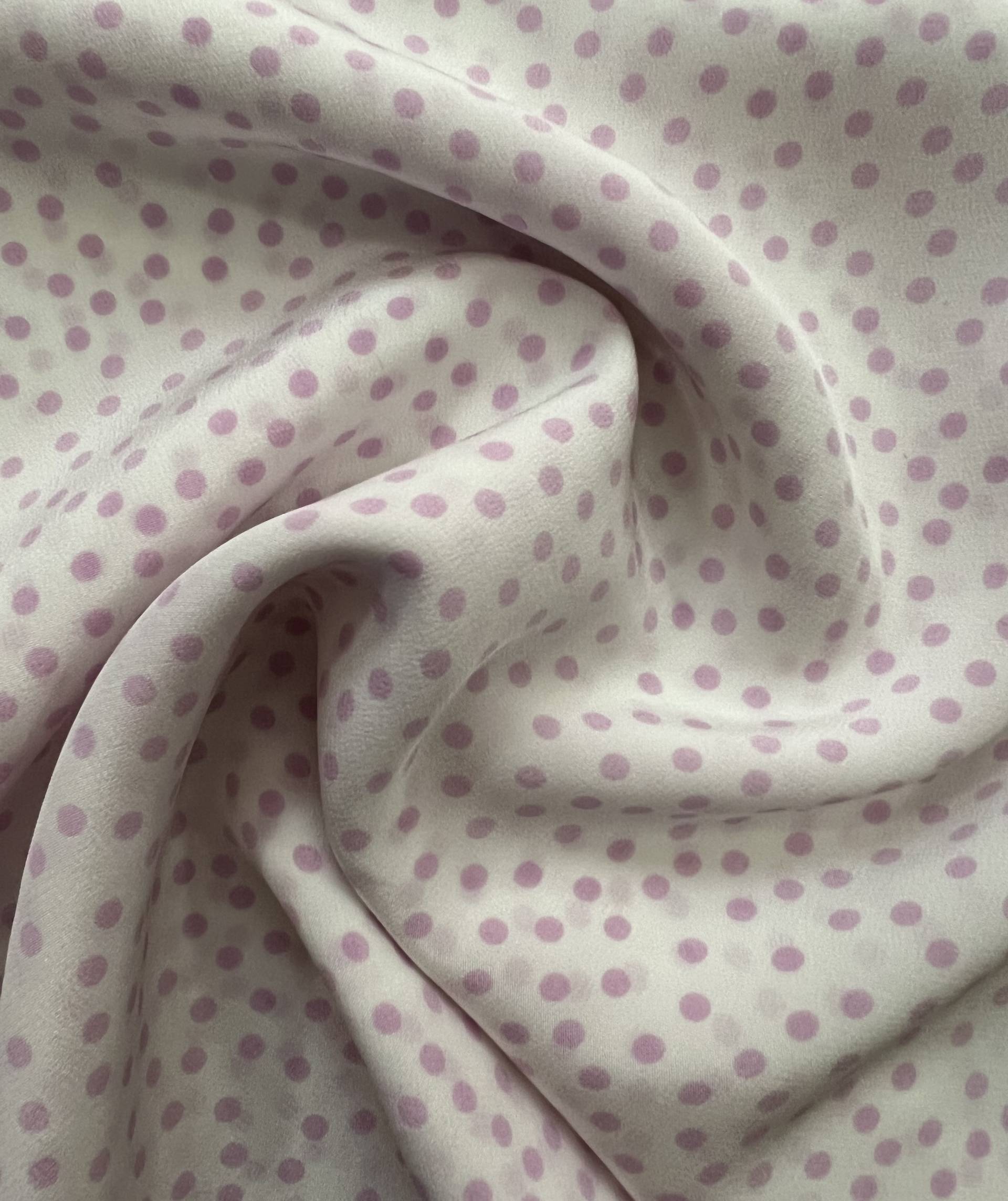 Printed Silk Crepe de Chine in White & Lilac Polka Dots