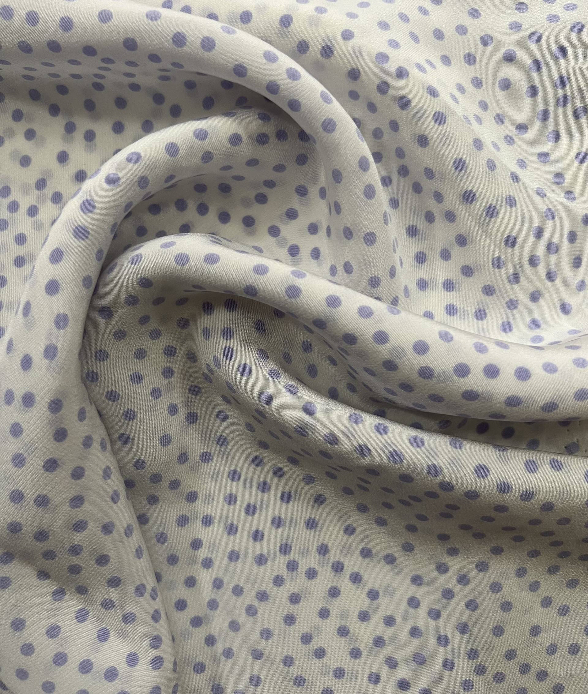 Printed Silk Crepe de Chine in White & Lavender Polka Dots