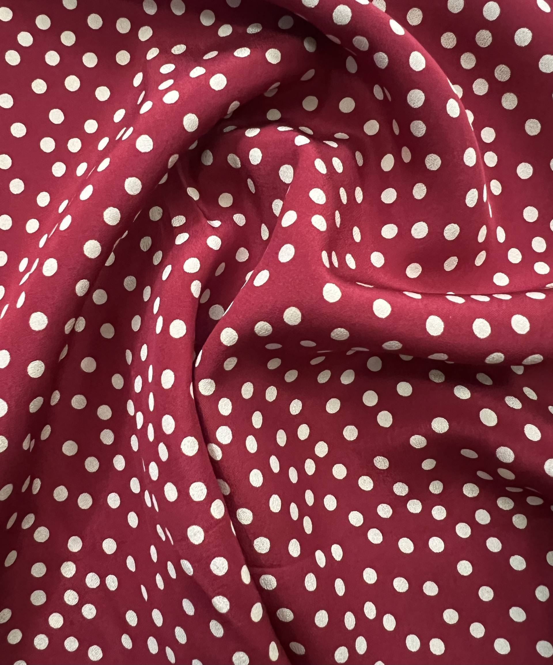 Printed Silk Crepe de Chine in Wine & white Polka Dots