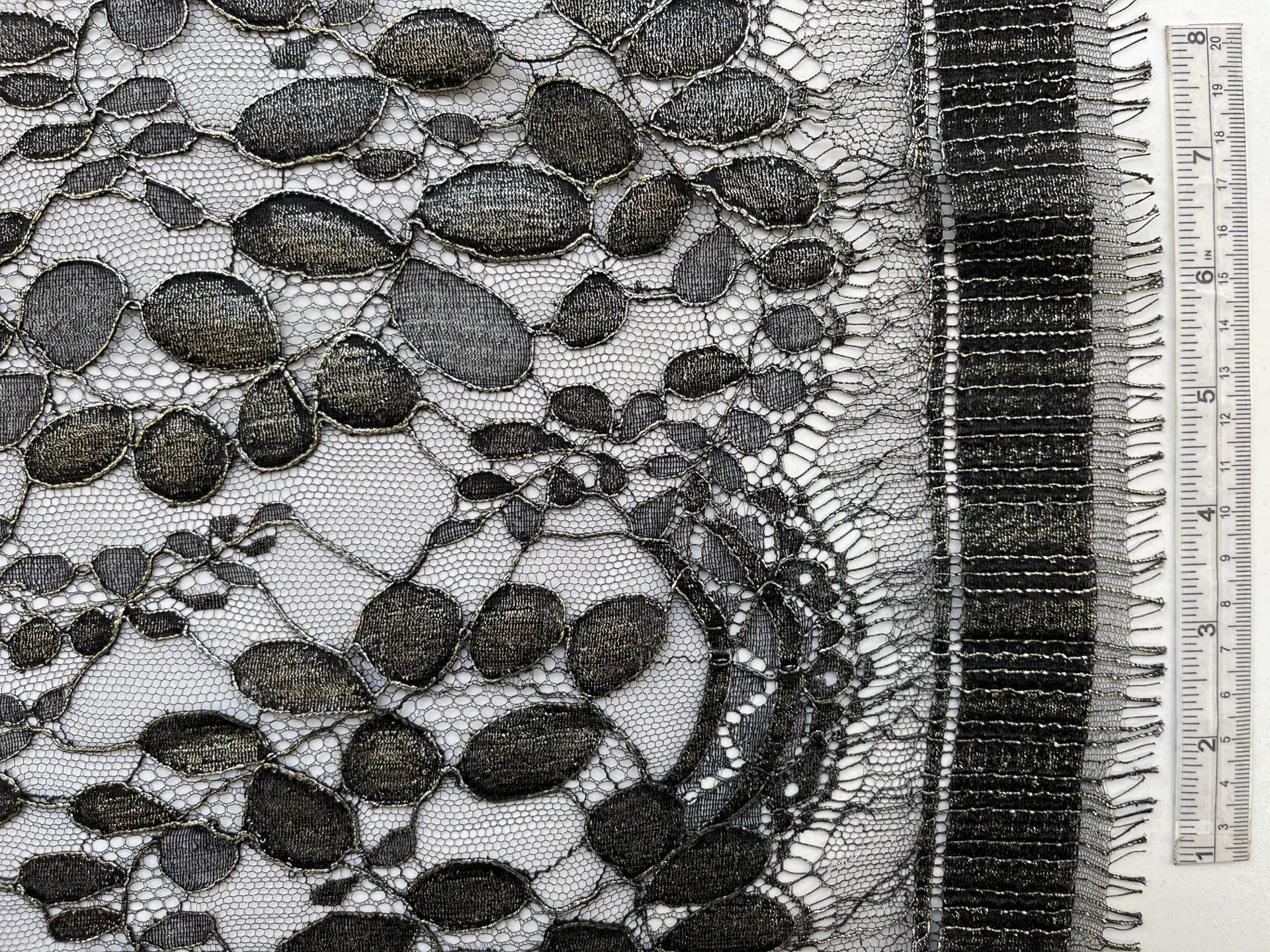 Made in France Pewter Metallic Painted Black Chantilly Lace of "Black Locust Leaf" Pattern
