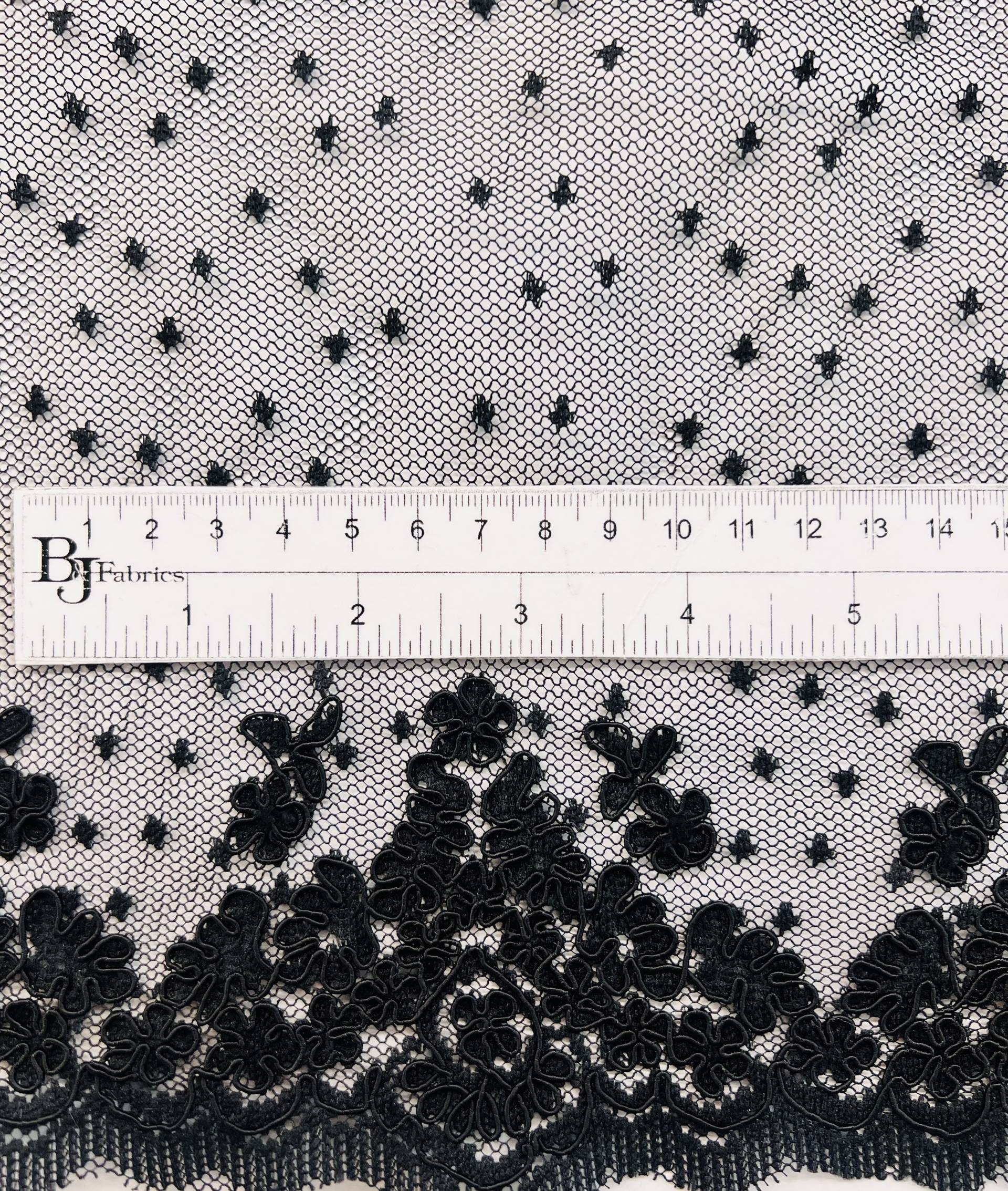 Embroidered Dotted Tulle in Black Double Scallops