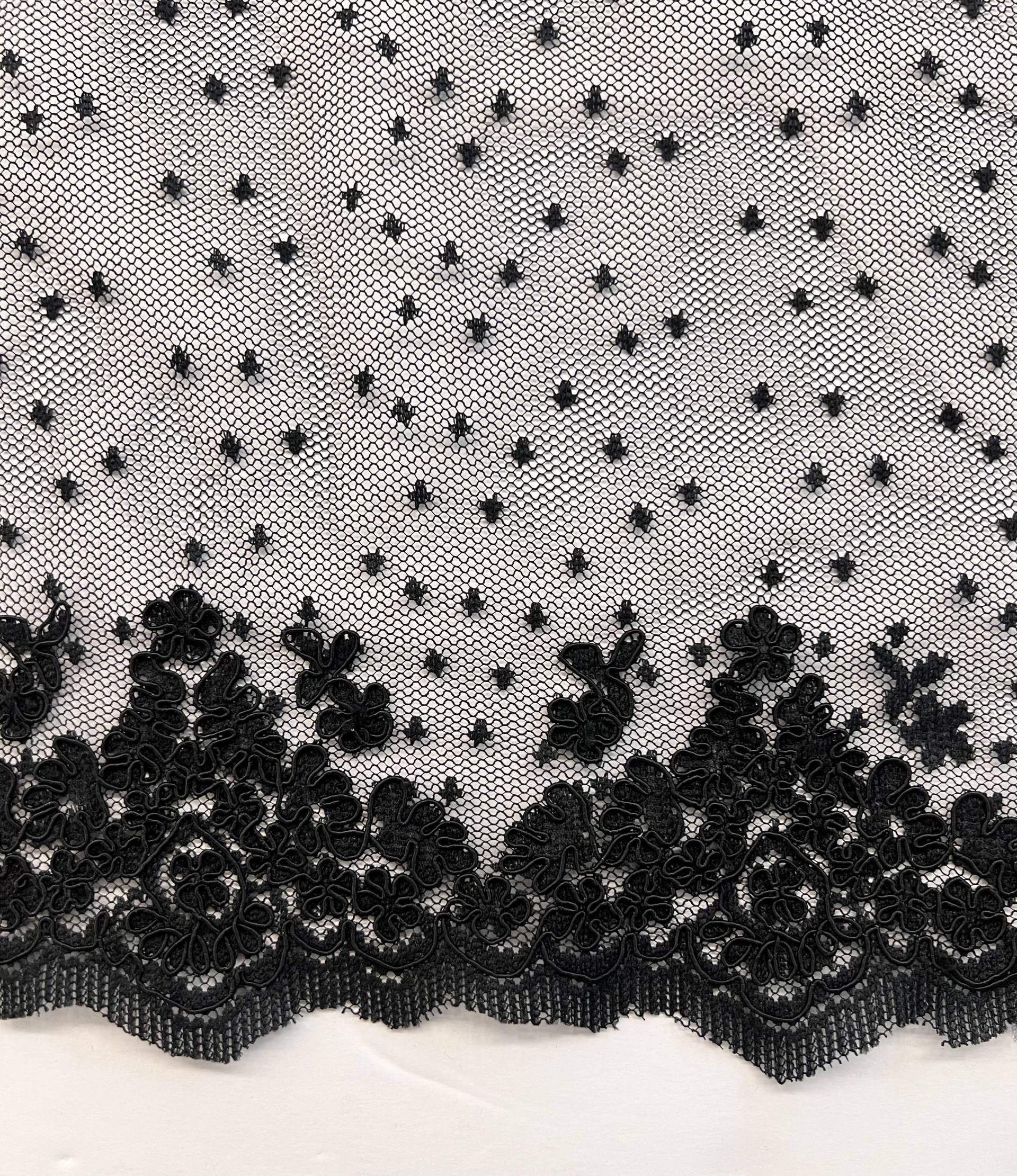 Embroidered Dotted Tulle in Black Double Scallops