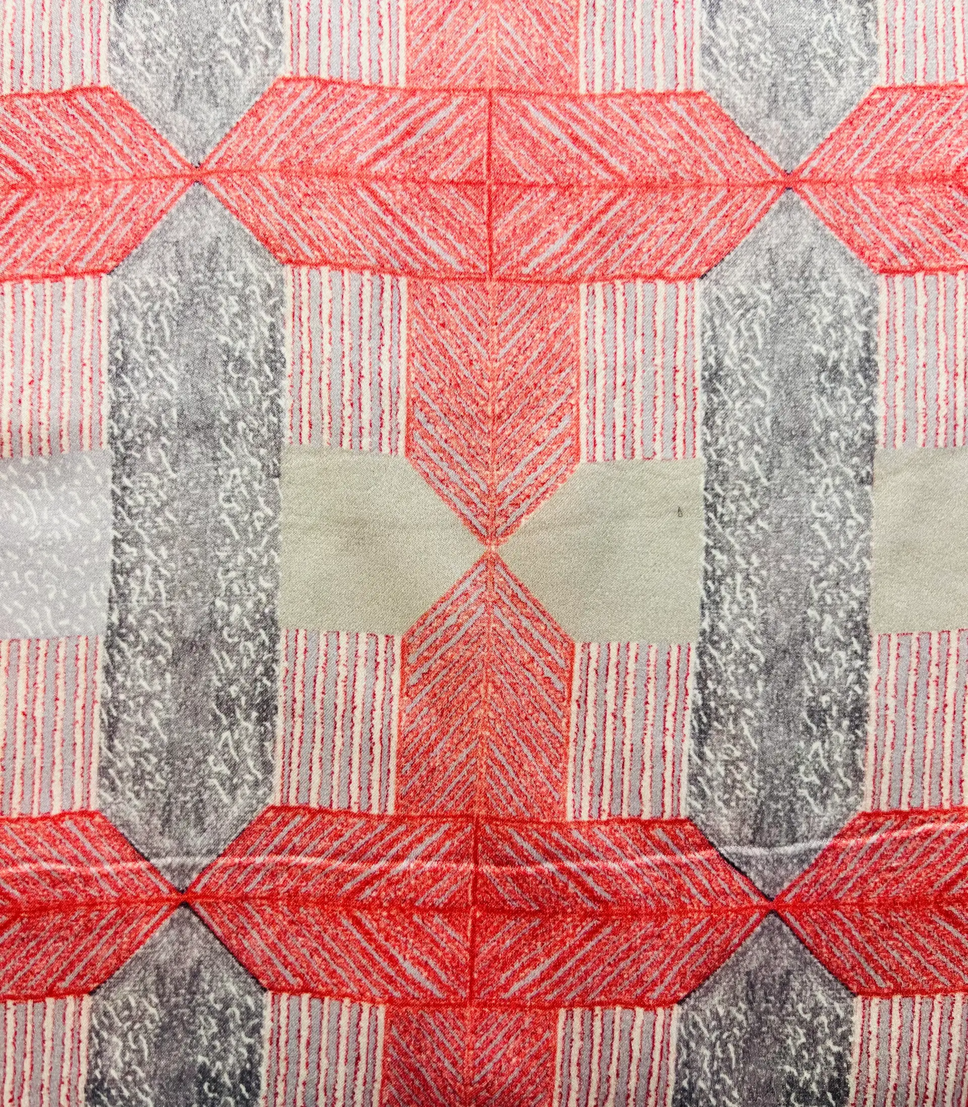 Italian Geometric Printed Pure Silk Charmeuse in Grey/Coral and Lavender