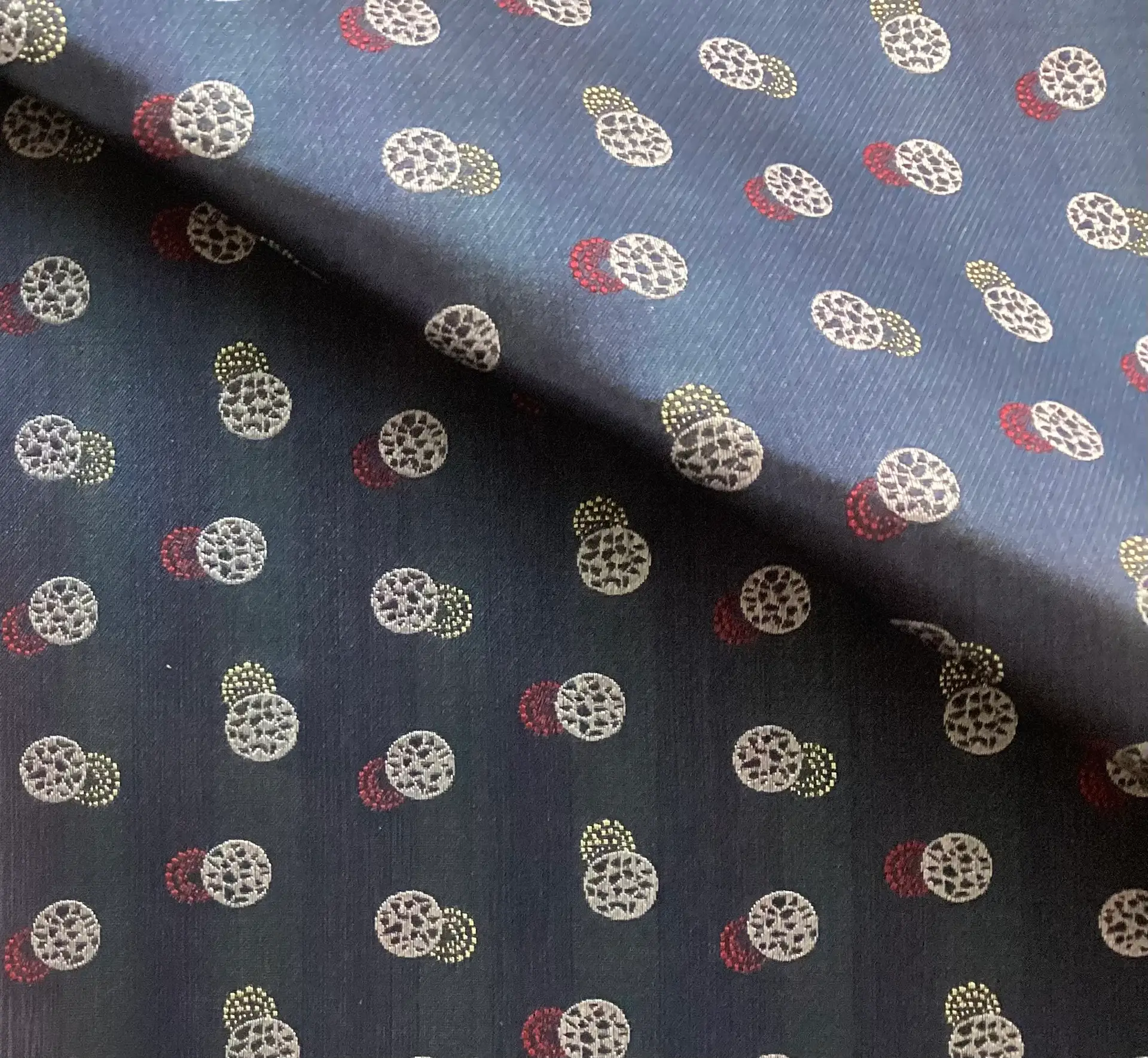 Made in Italy 100% Silk Tie Brocade Navy with Red/Silver/Gold Circles