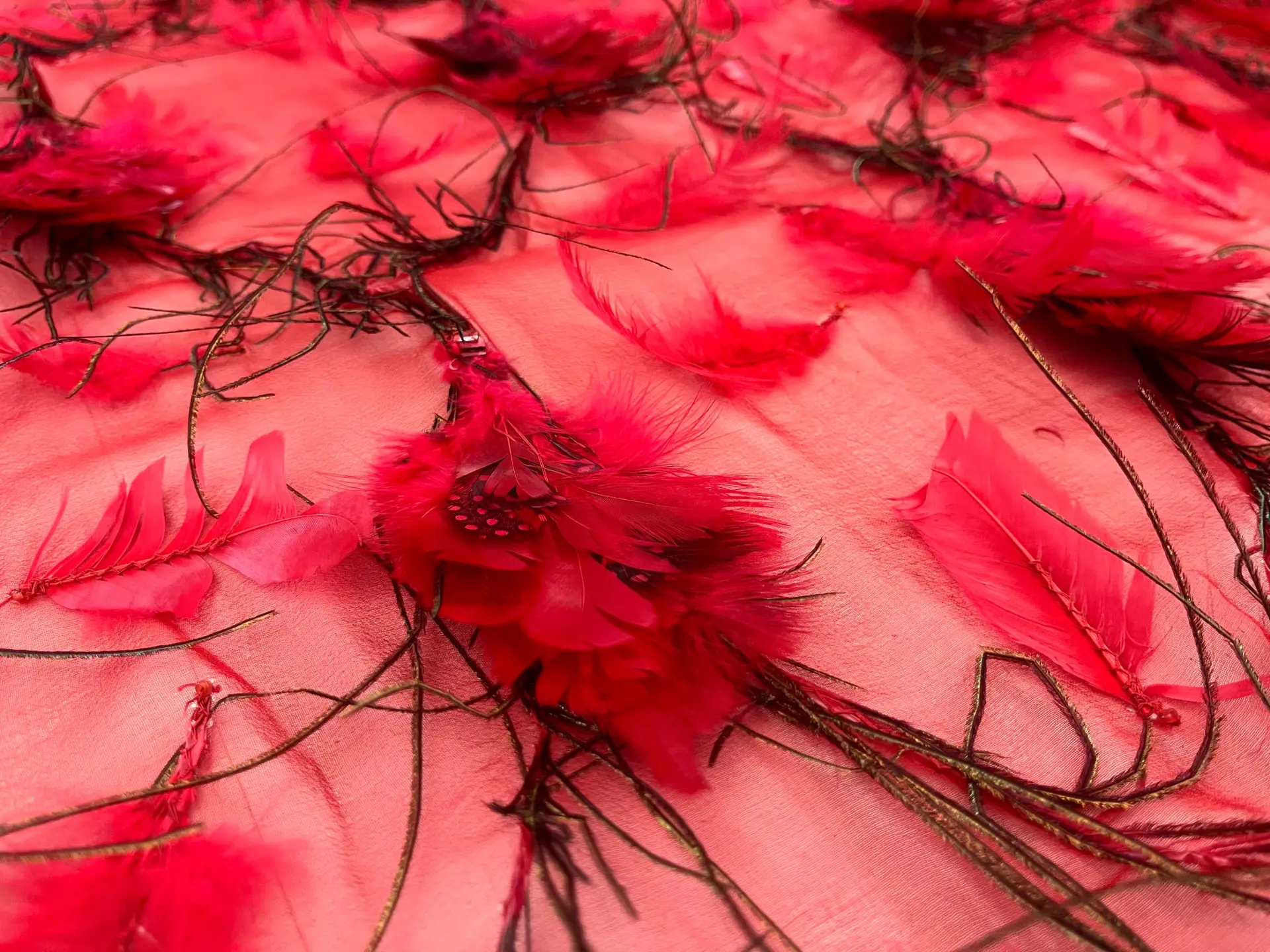 Feathers on Silk Chiffon in Red