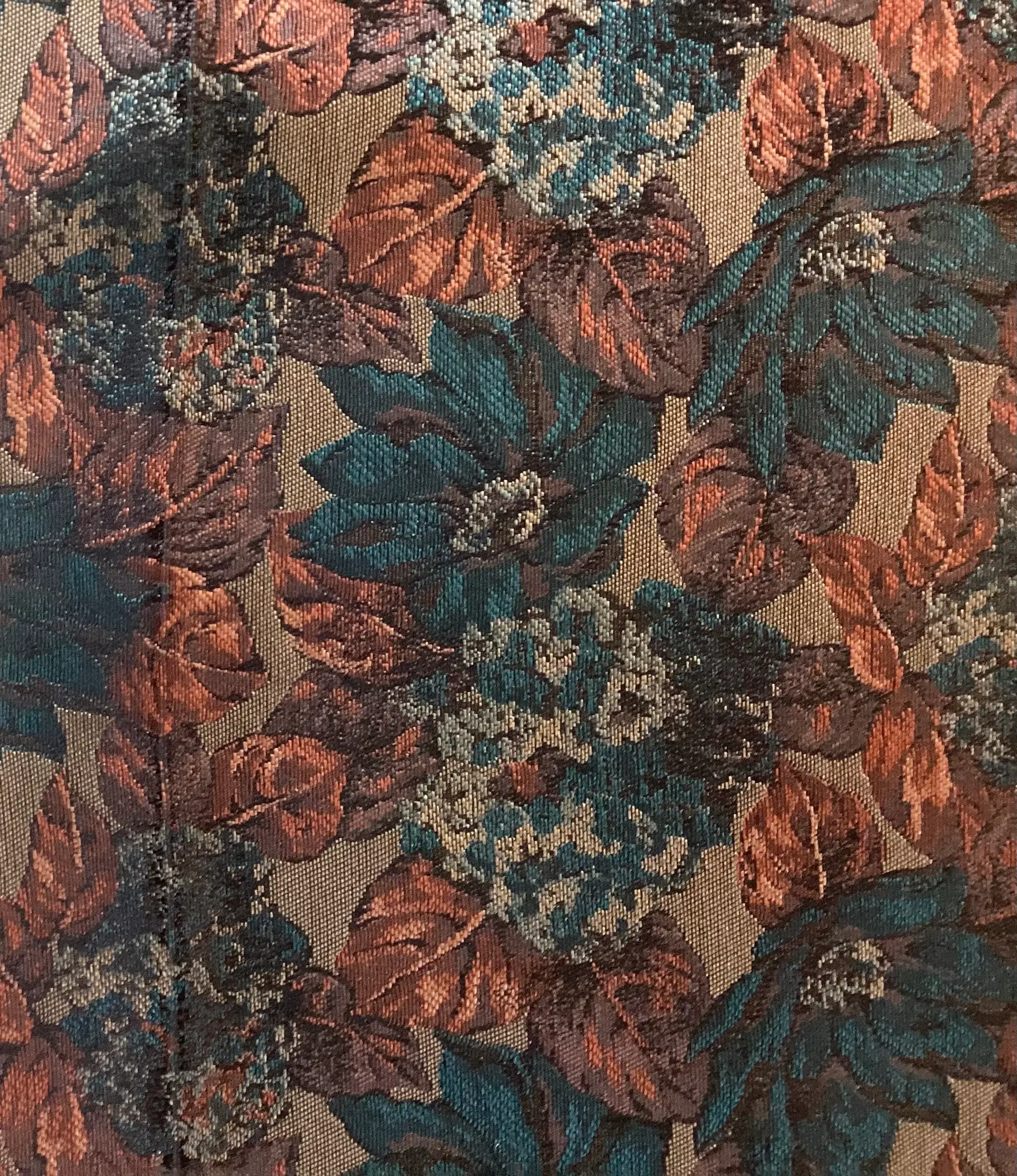 Made in Italy 100% Silk Tie Brocade with Teal & Rust Leaf Design 