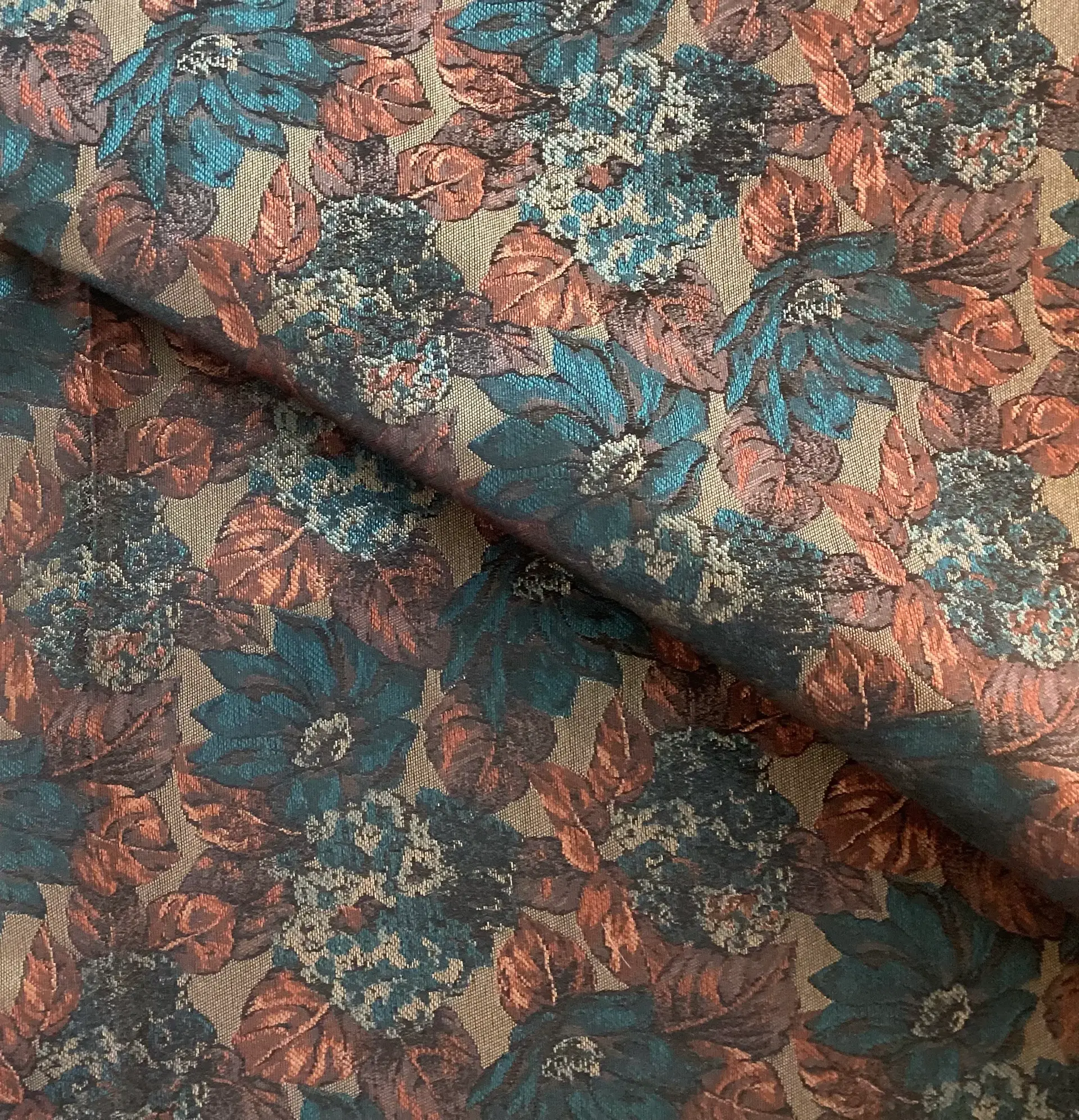 Made in Italy 100% Silk Tie Brocade with Teal & Rust Leaf Design 