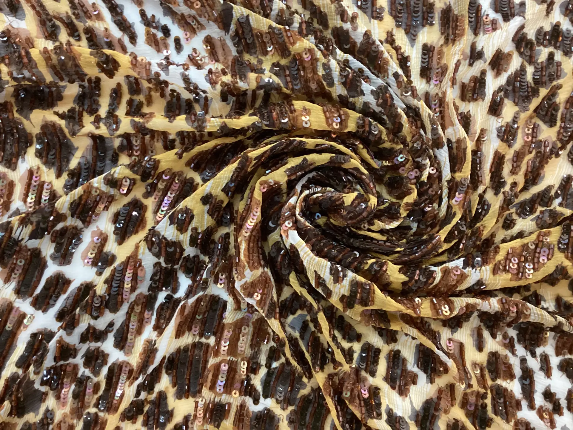 Leopard Print Silk Chiffon with Hand Beaded Bugle Beads and Sequins