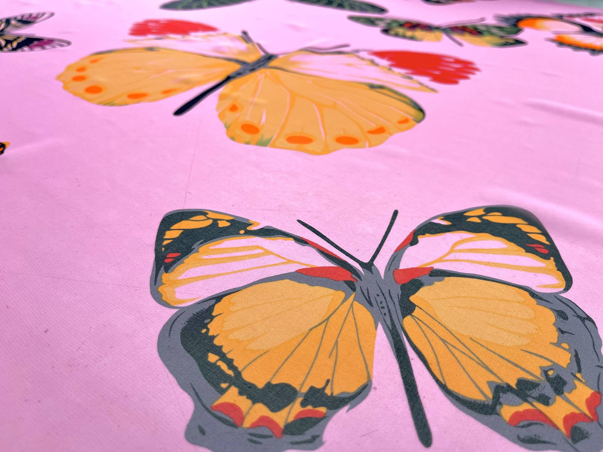 Silk Chiffon with Multicolor Butterflies Print On Pink Background