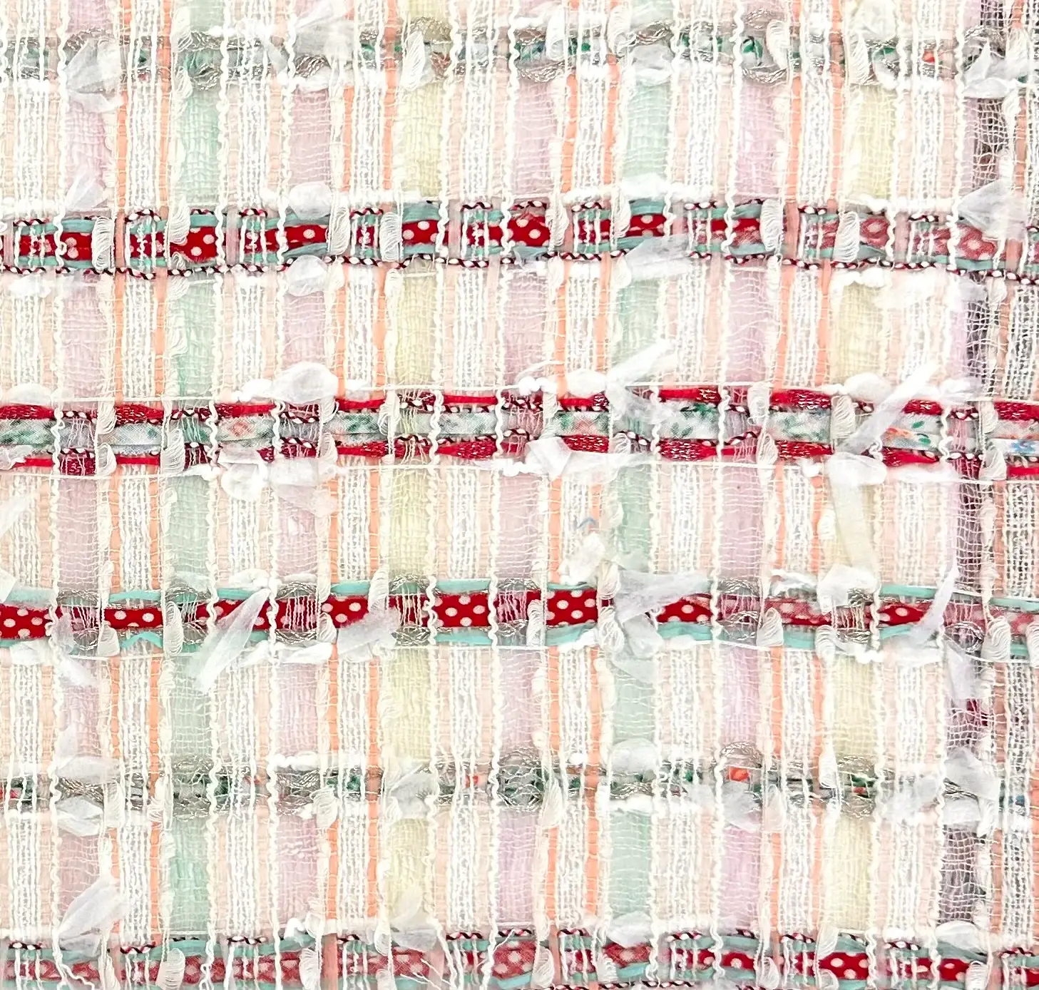 French Cotton Blend Novelty Tweed in White Aqua Watermelon
