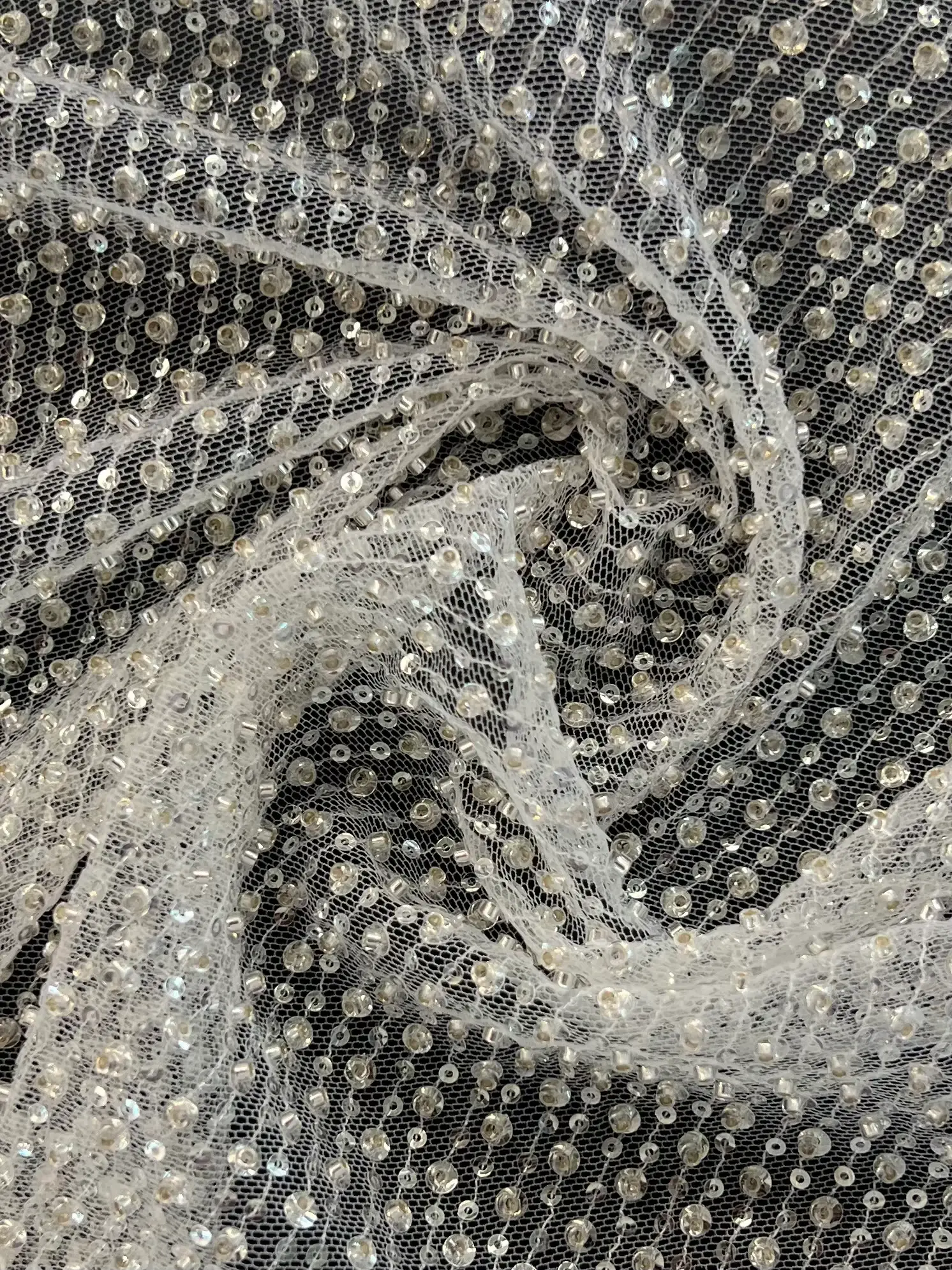 Clear Sequin/Crystal Twill on Tulle White