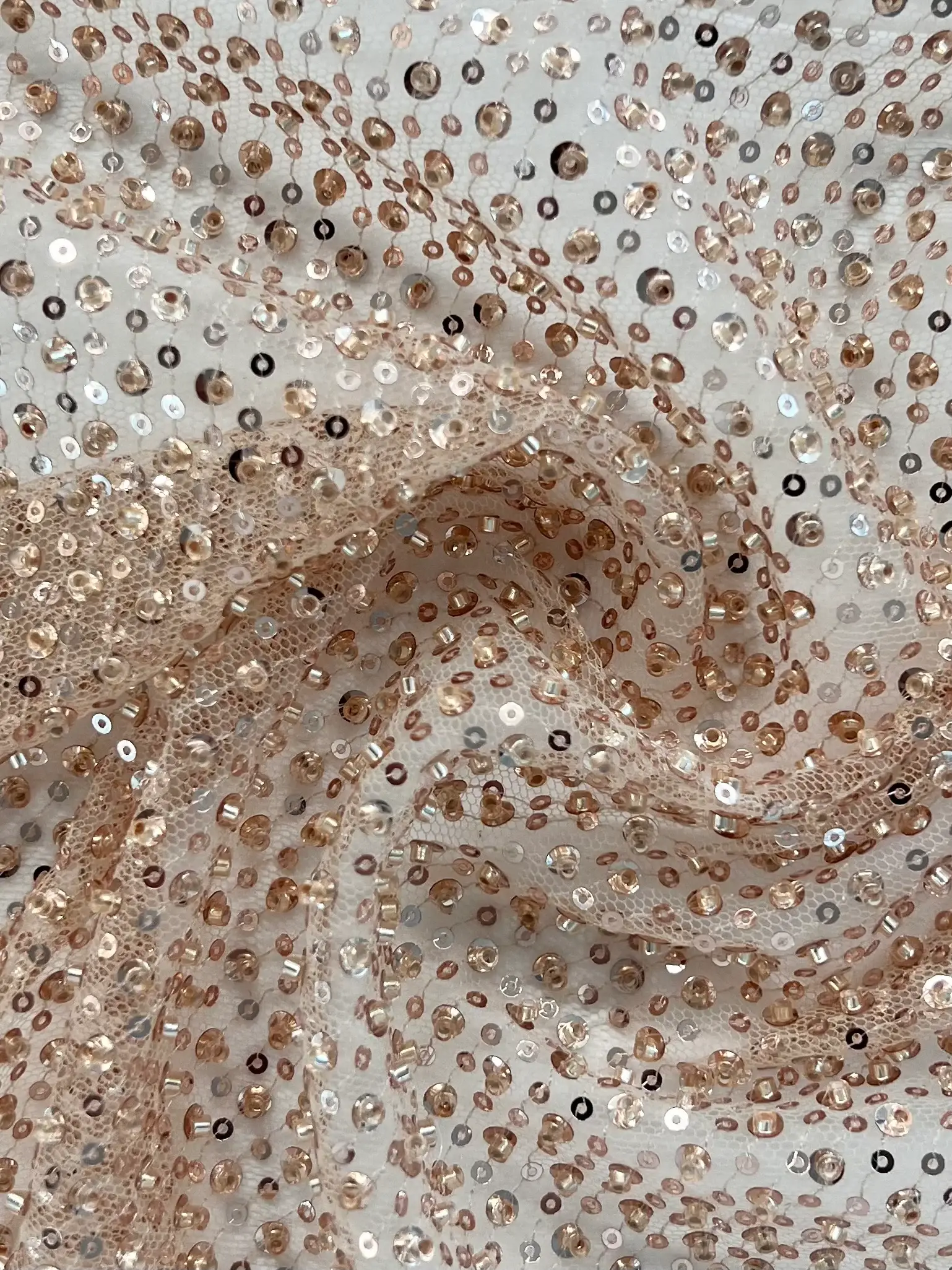 Sequin/Crystal Twill on Tulle in Rose Gold