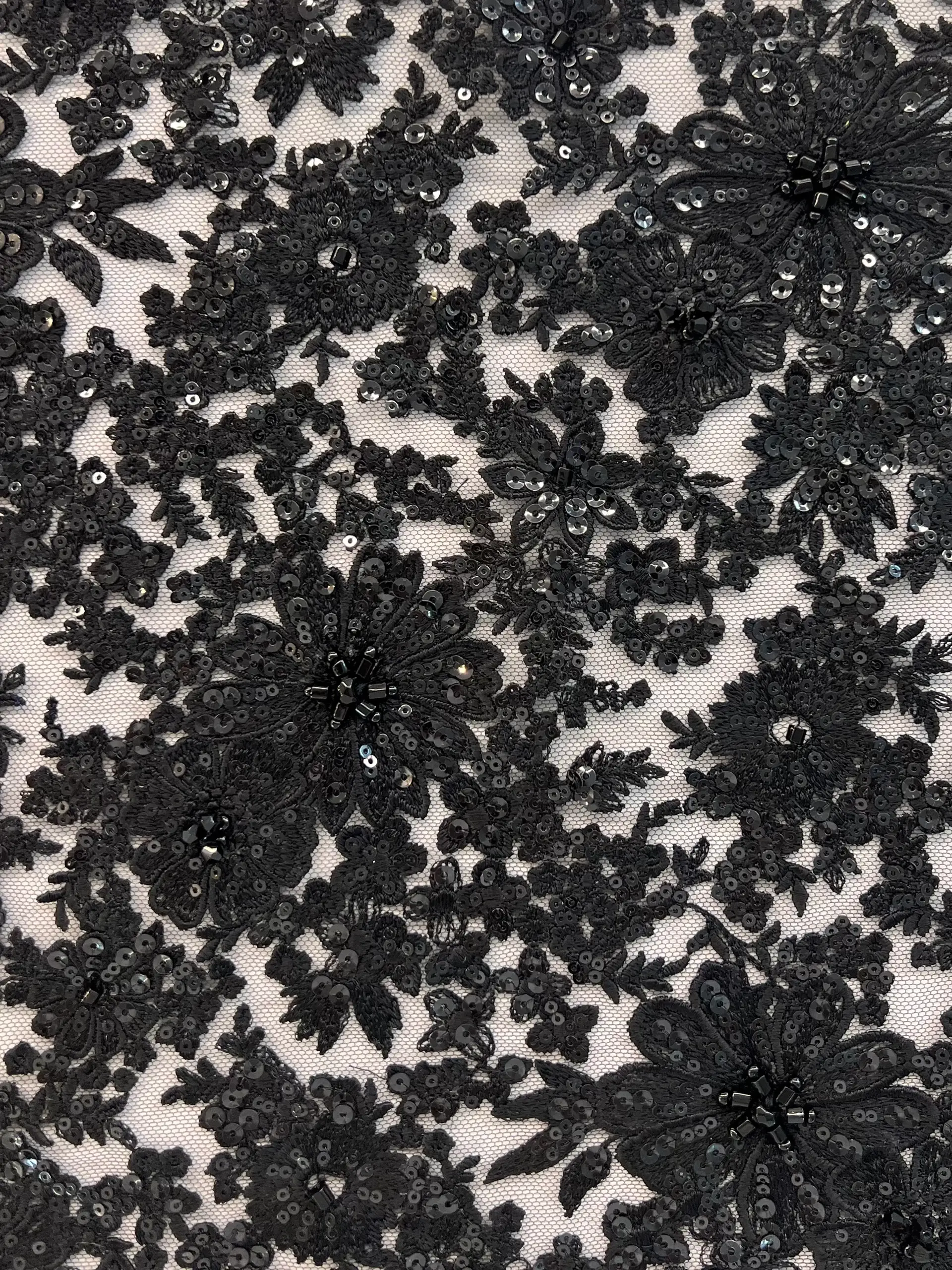Embroidered Tulle with Micro Clear Sequin Oblong Beads and Crystal in Black