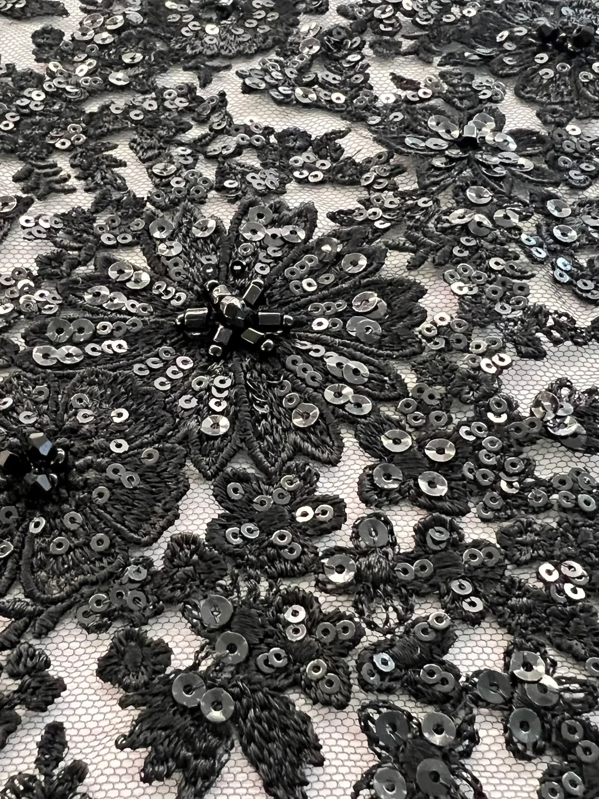 Embroidered Tulle with Micro Clear Sequin Oblong Beads and Crystal in Black