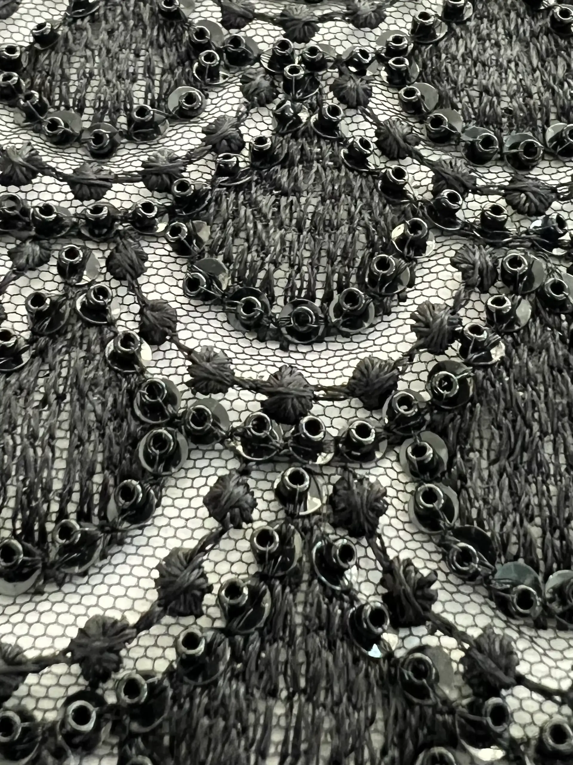 Embroidered Tulle with Sequins And Beads in Fish Scale Motif Black on Black