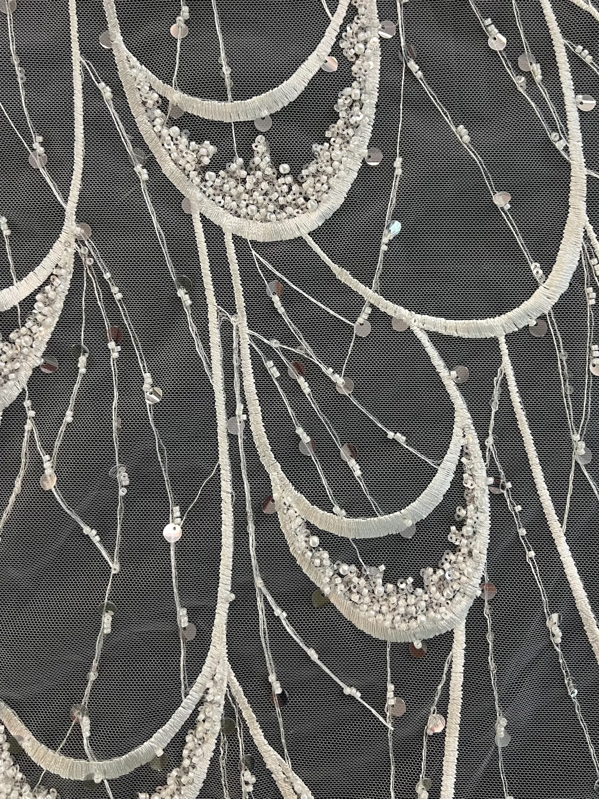 Satin Stitch Embroidered Tulle with Beads & Paillette in Clear and White