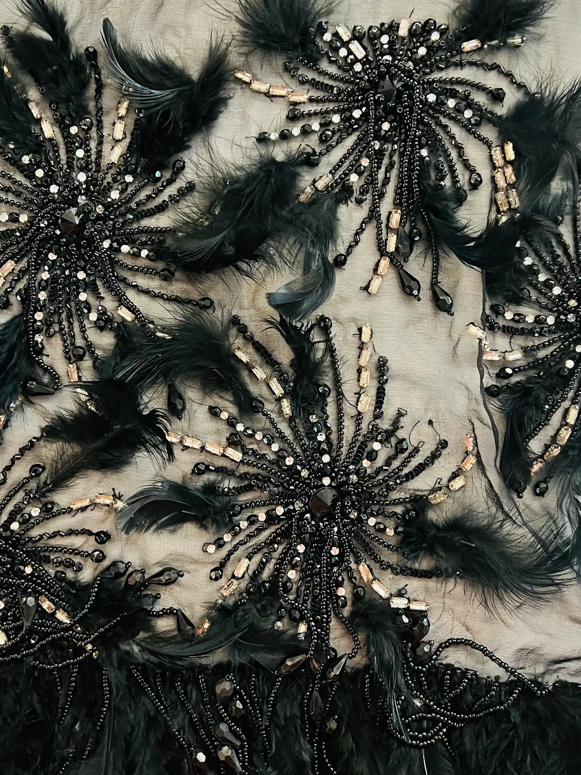 Couture Novelty of Black Silk Chiffon with Crystal, Beads and Feathers