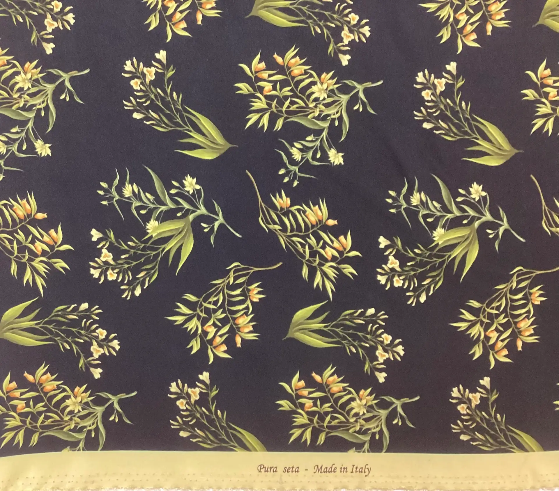 Made In Italy 100% Silk Crepe De Chine Floral Printed In Green/Yellow on Black Ground 