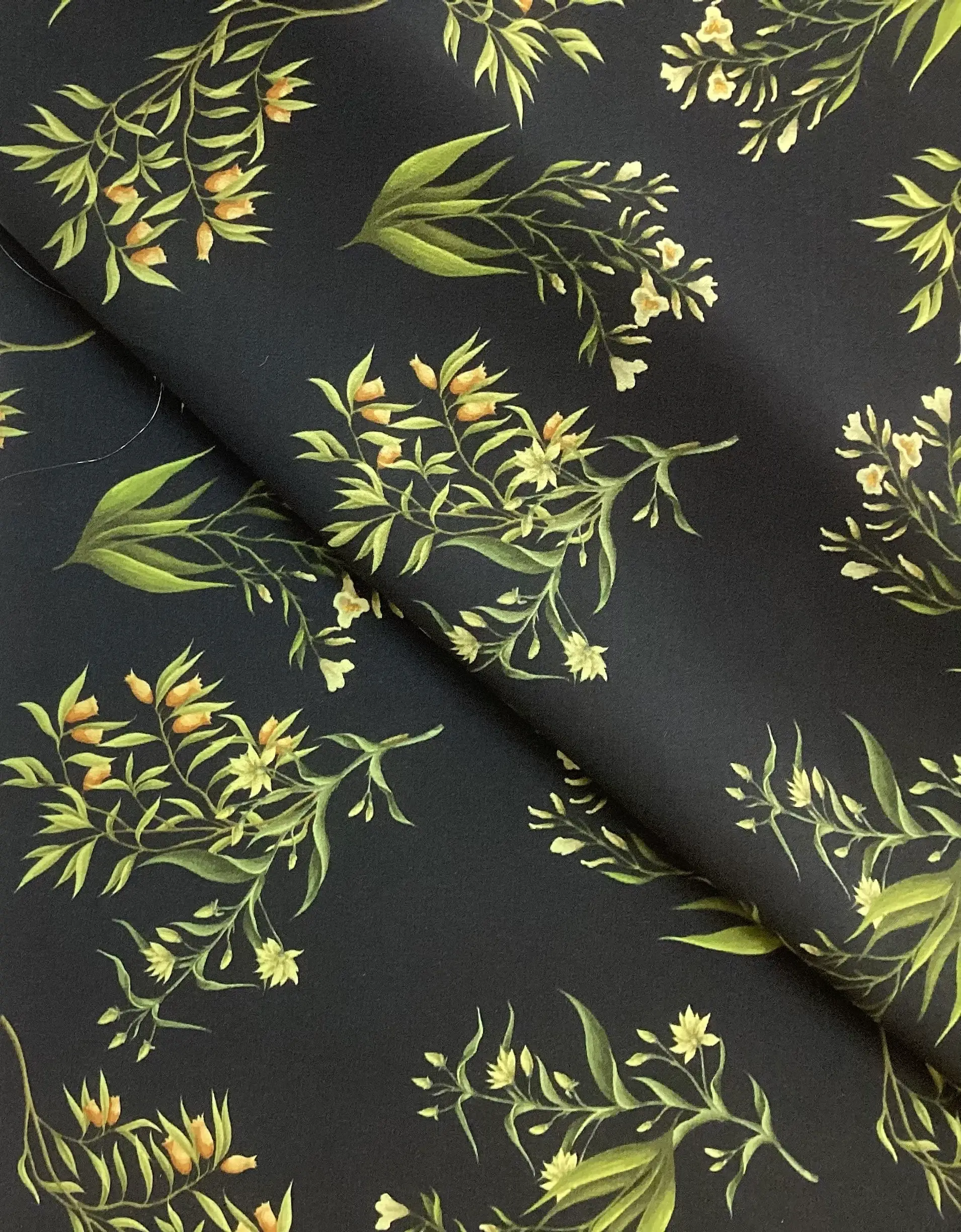 Made In Italy 100% Silk Crepe De Chine Floral Printed In Green/Yellow on Black Ground 