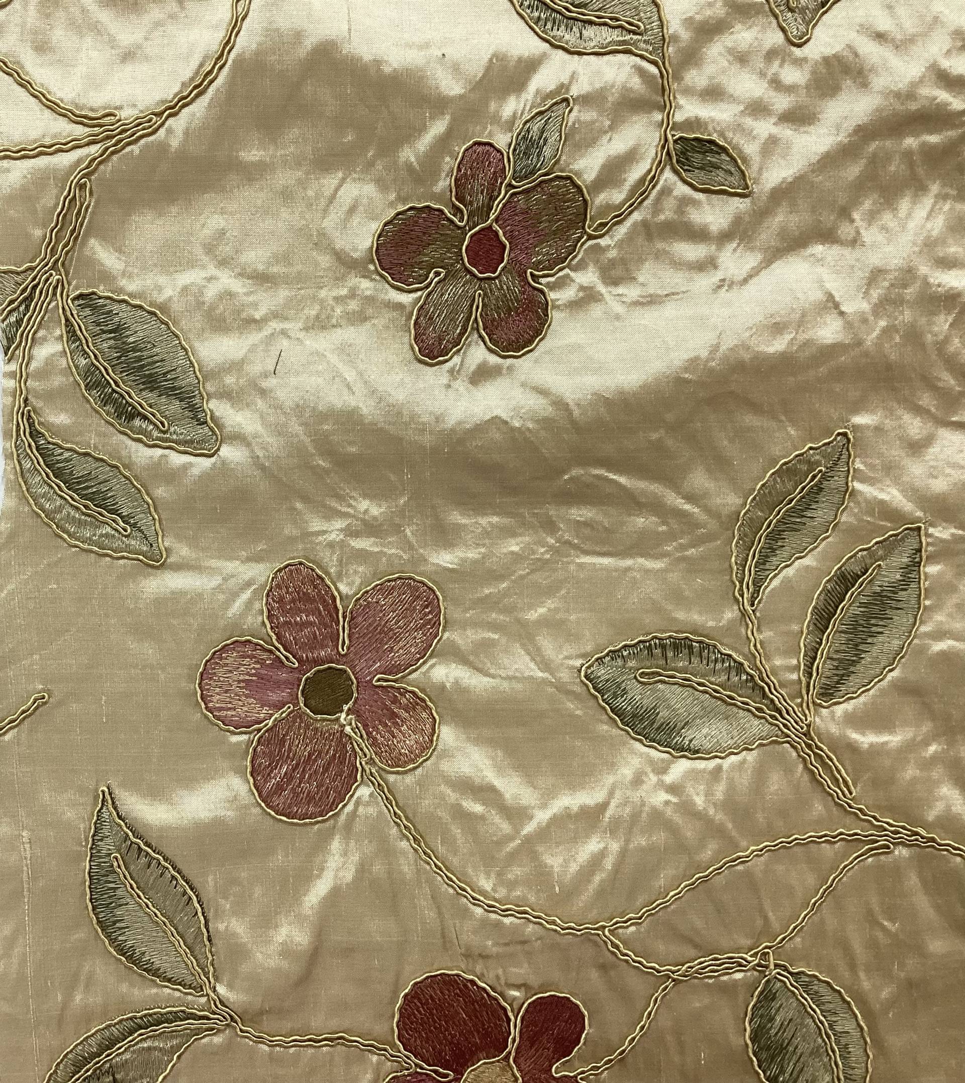 Silk Shantung with Embroidered and Soutachéd Flowers In Light Golden Background 