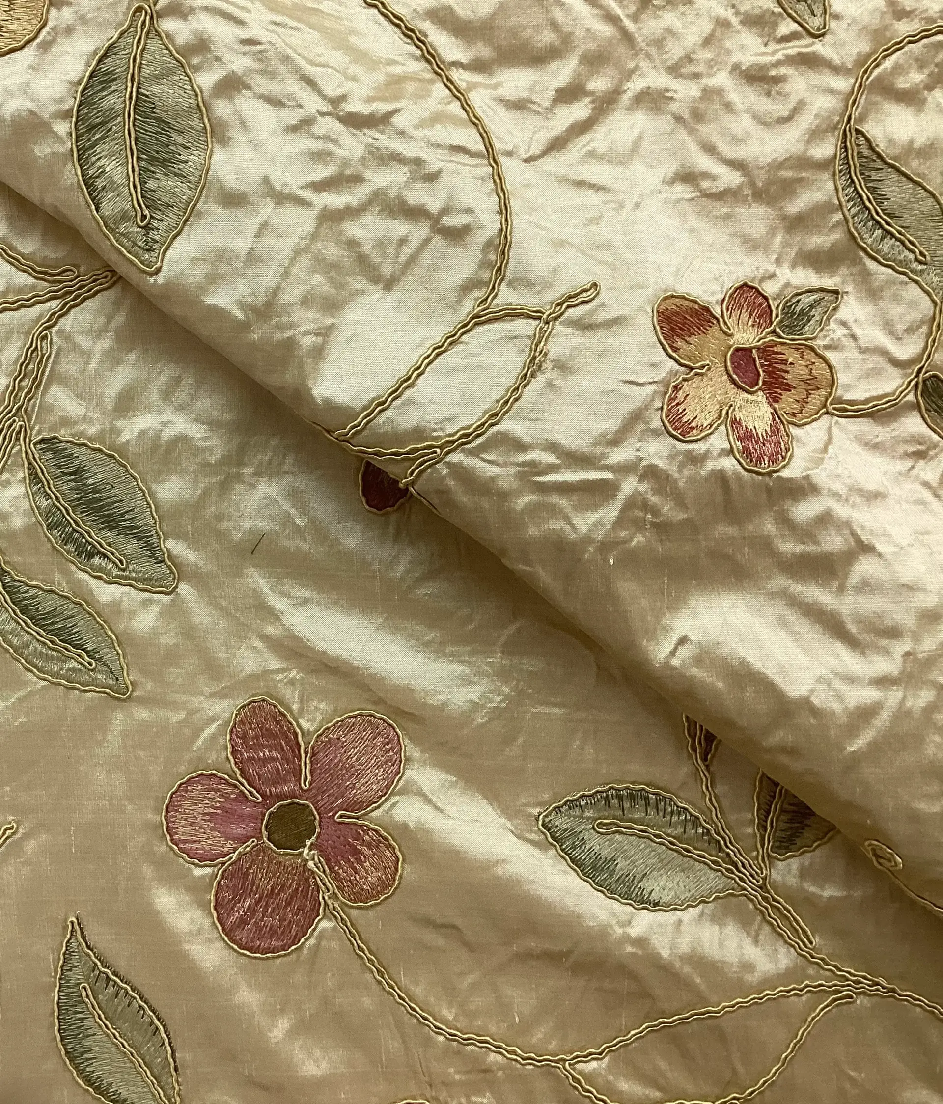 Silk Shantung with Embroidered and Soutachéd Flowers In Light Golden Background 