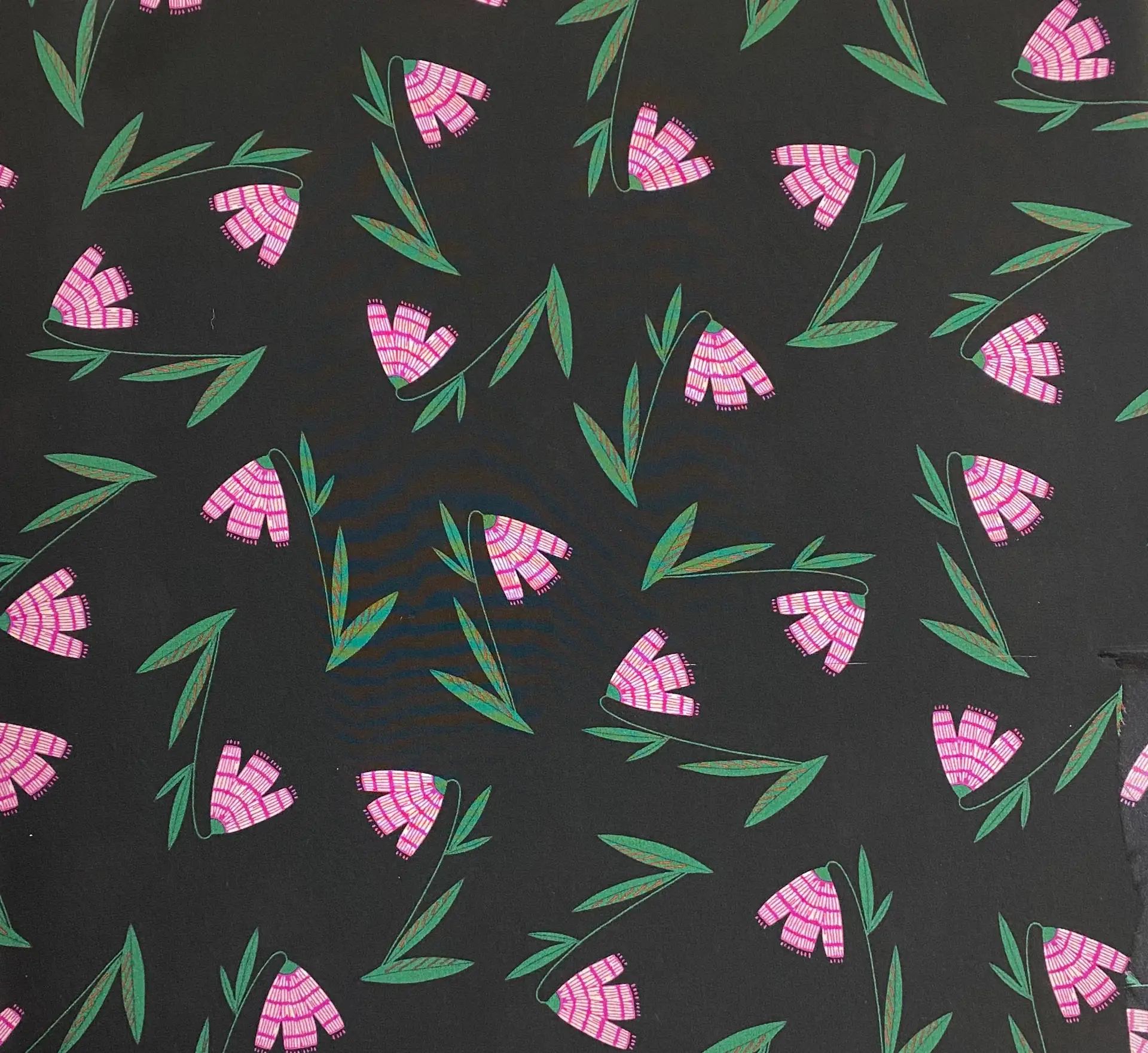 Italian Silk Crepe de Chine Floral in Black Magenta 