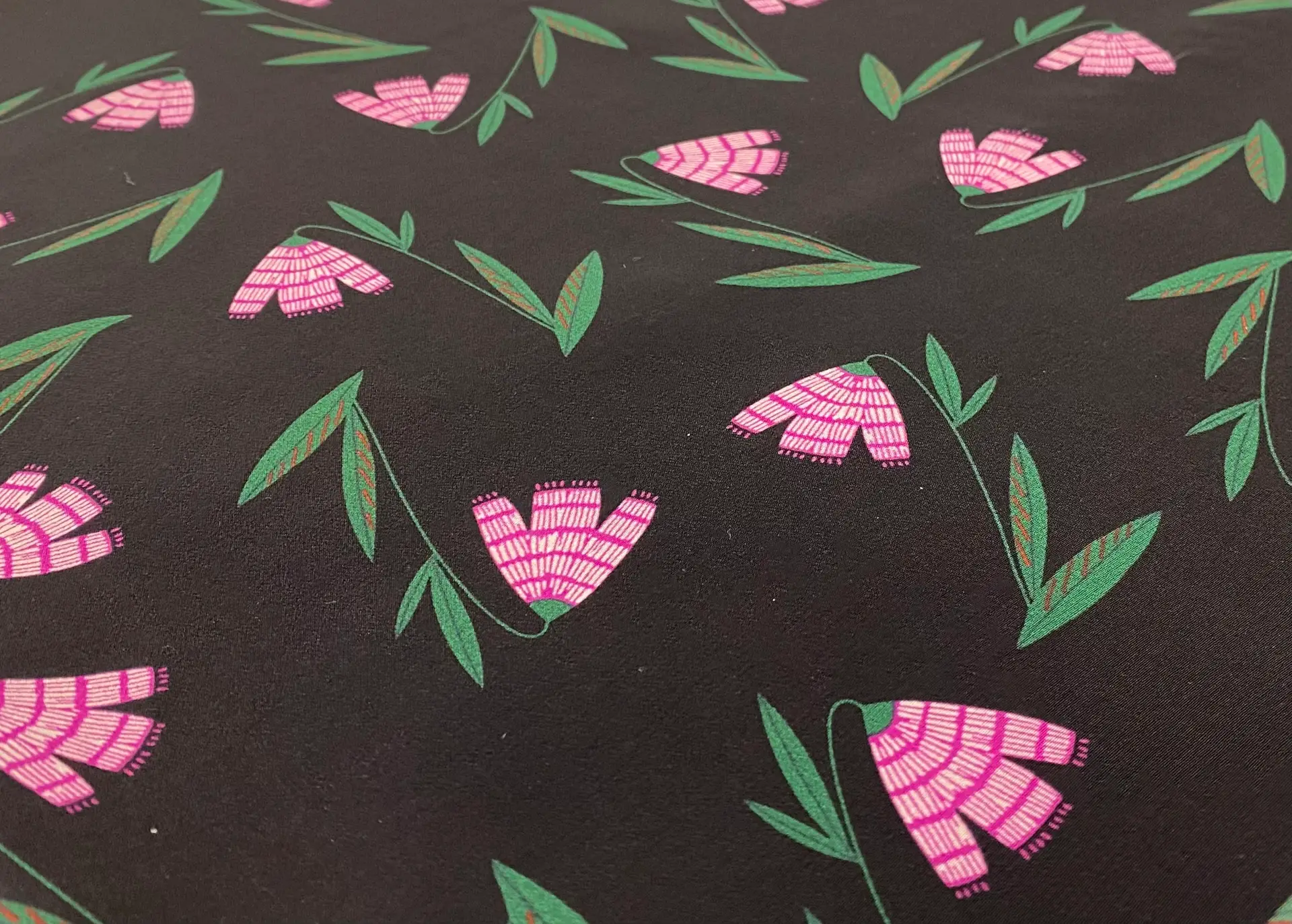 Italian Silk Crepe de Chine Floral in Black Magenta 