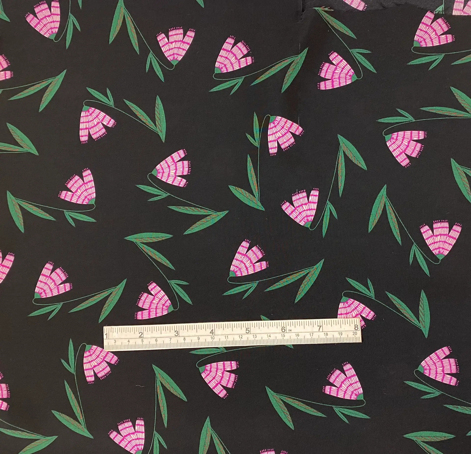Italian Silk Crepe de Chine Floral in Black Magenta 