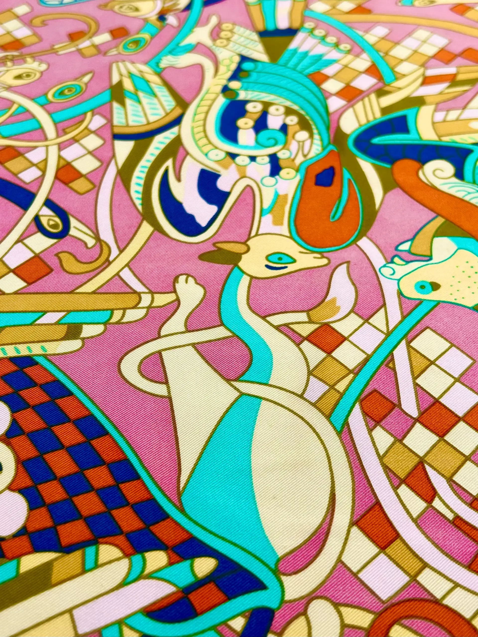 Silk Twill Prints Panel in Pink "Guardian Creatures"