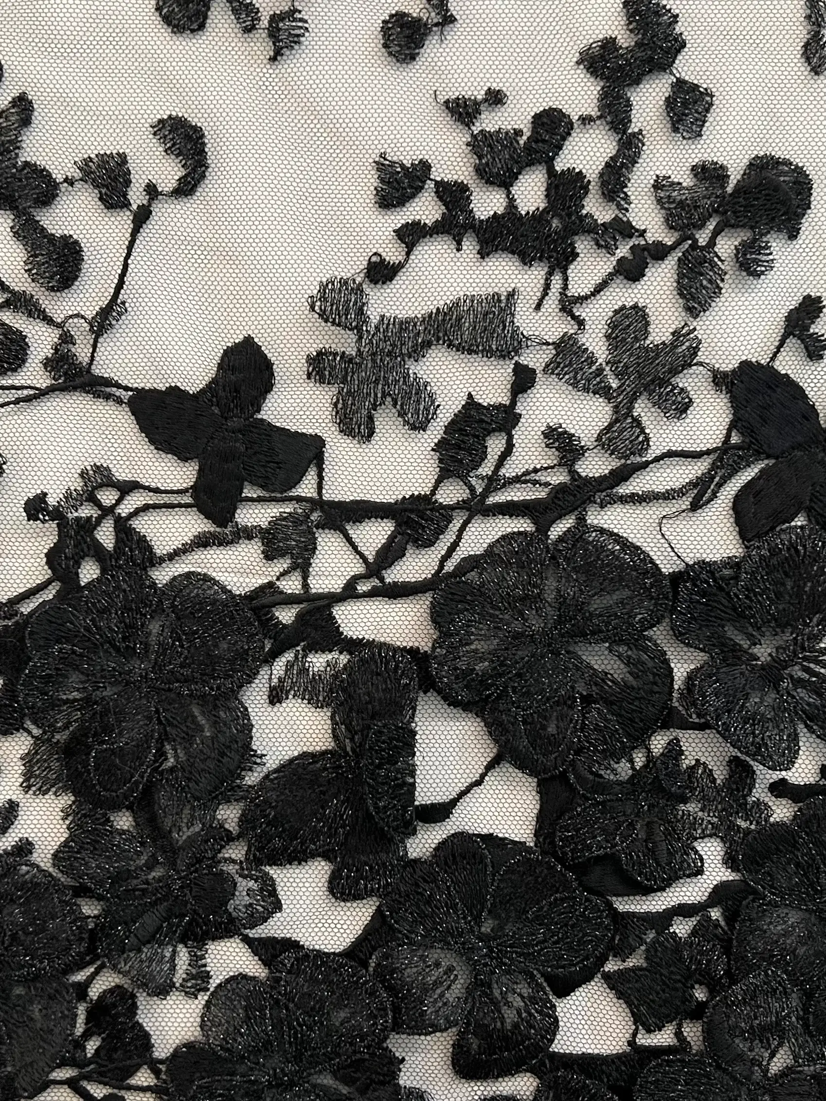 Embroidered Tulle with 3 D Flowers Appliqué in Black