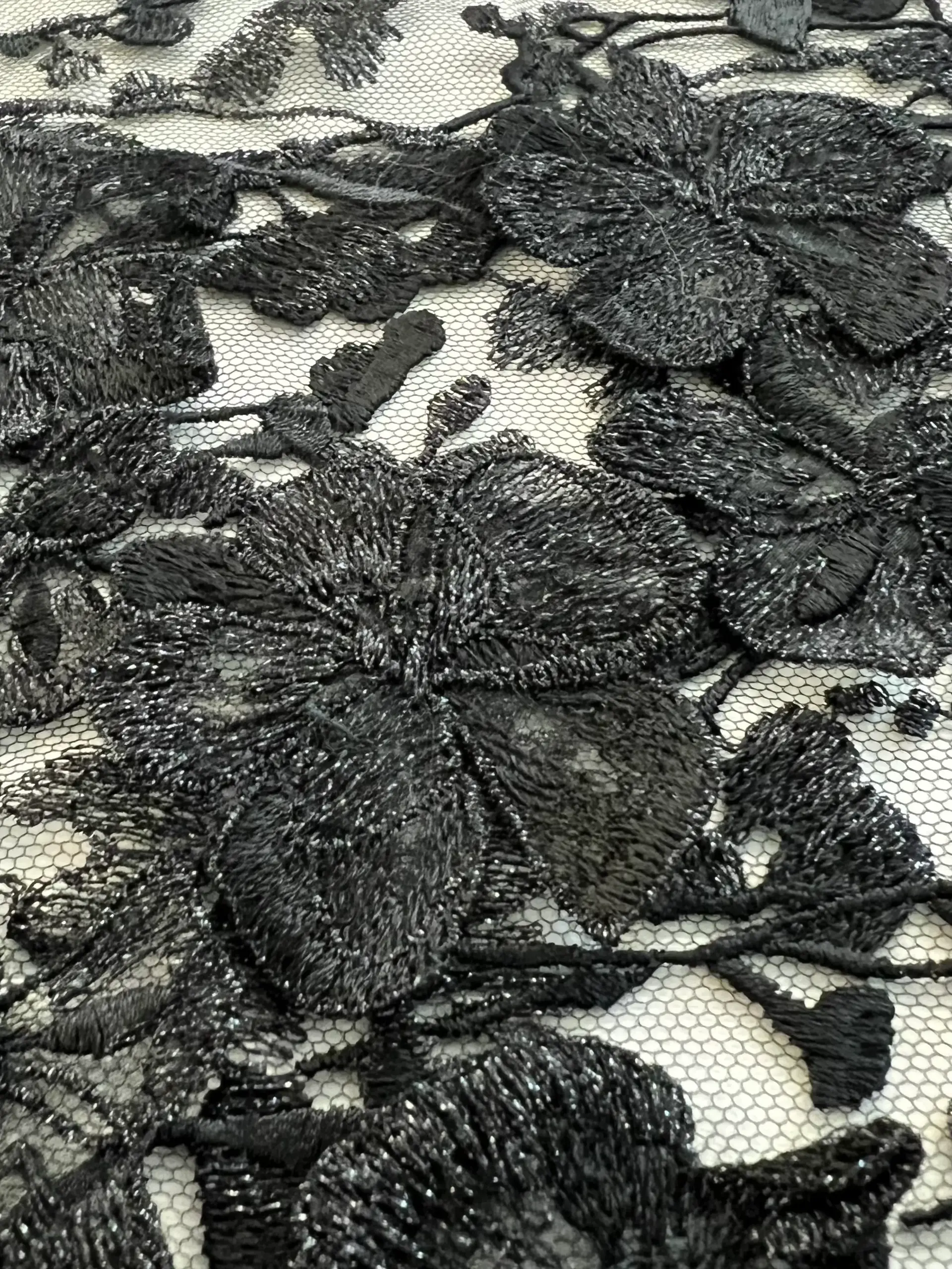 Embroidered Tulle with 3 D Flowers Appliqué in Black