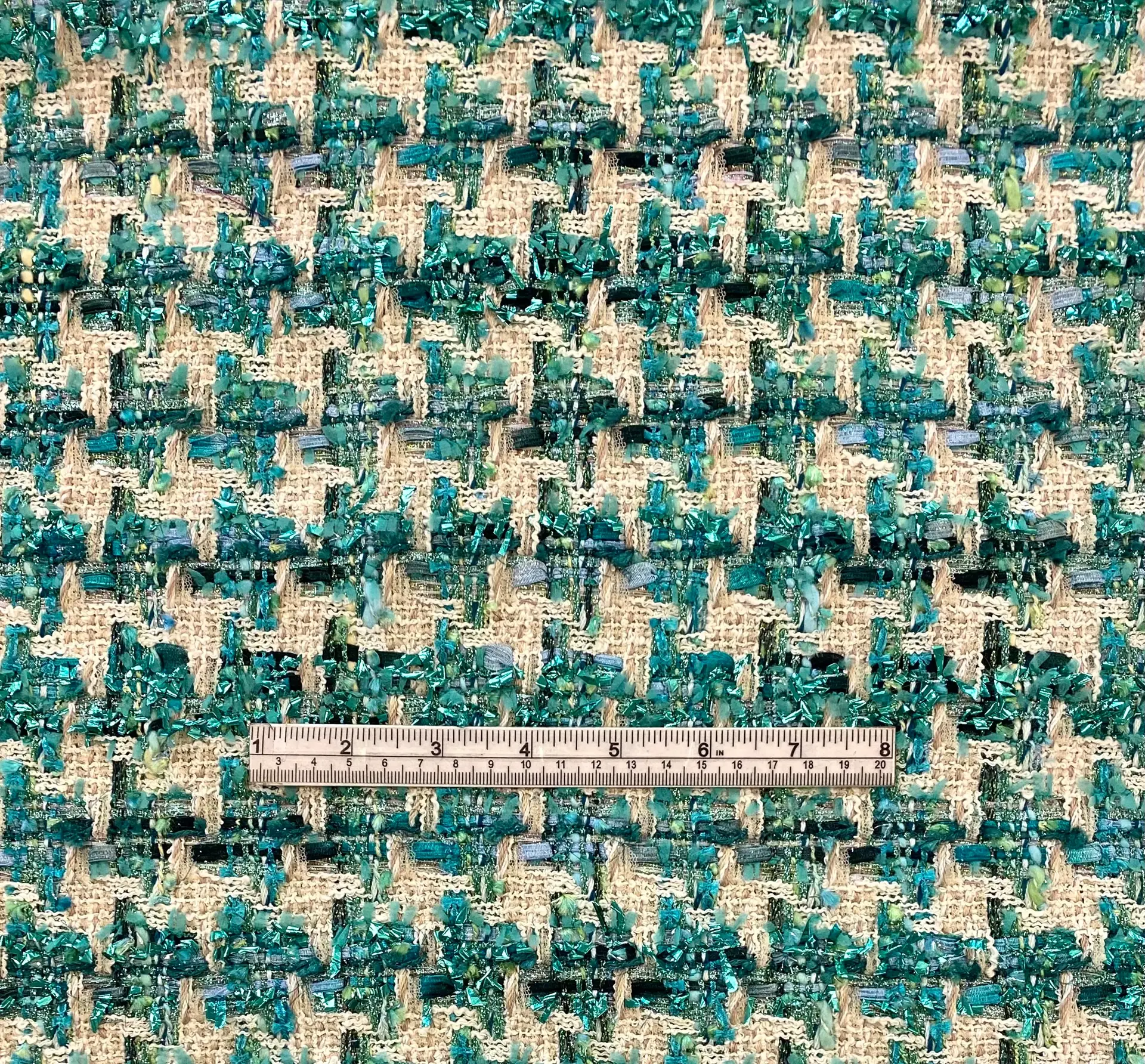 Italian Couture Cotton Blend Metallic Tweed in Turquoise