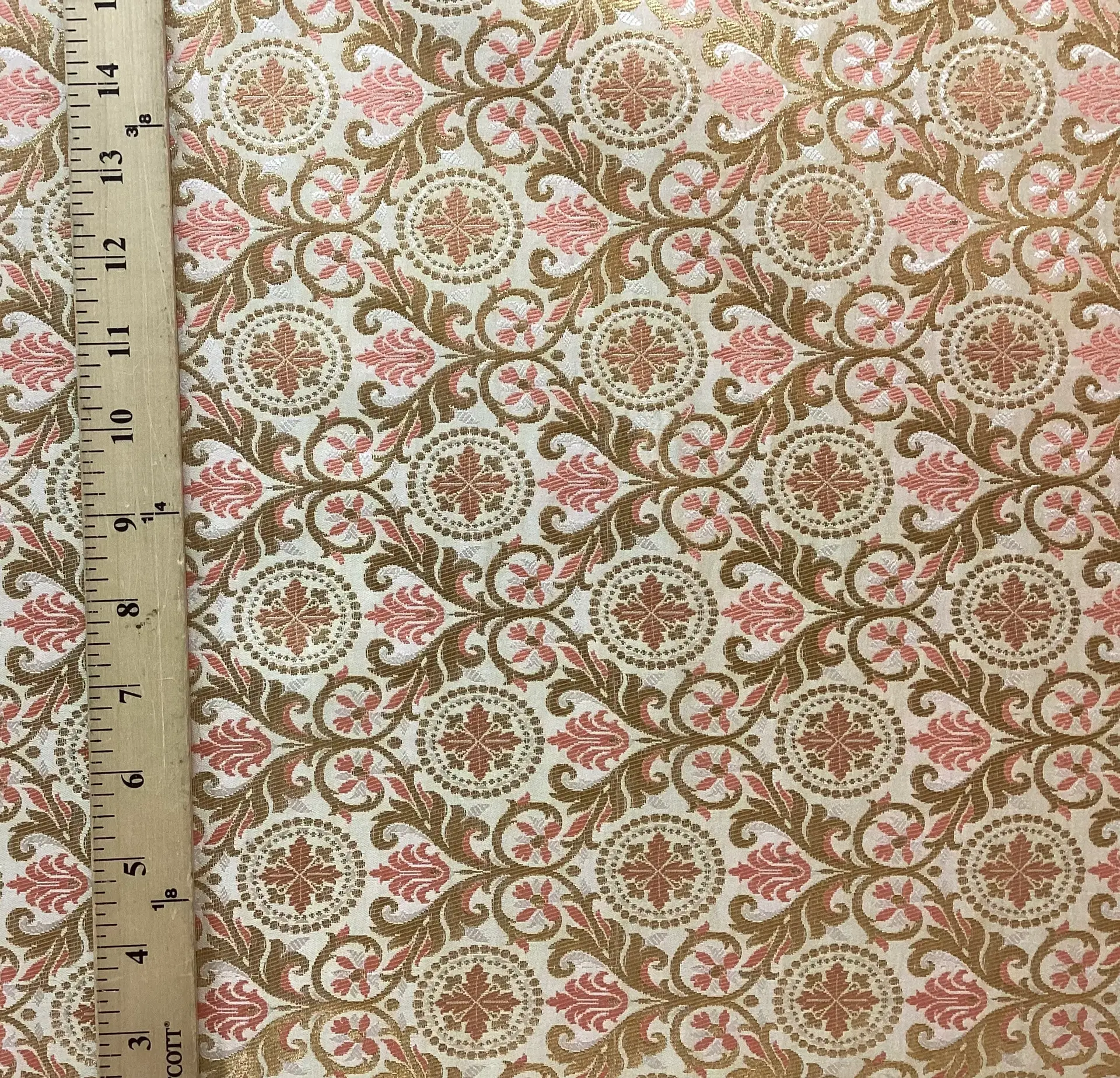 Metallic Brocade in Off White with Gold & Pink