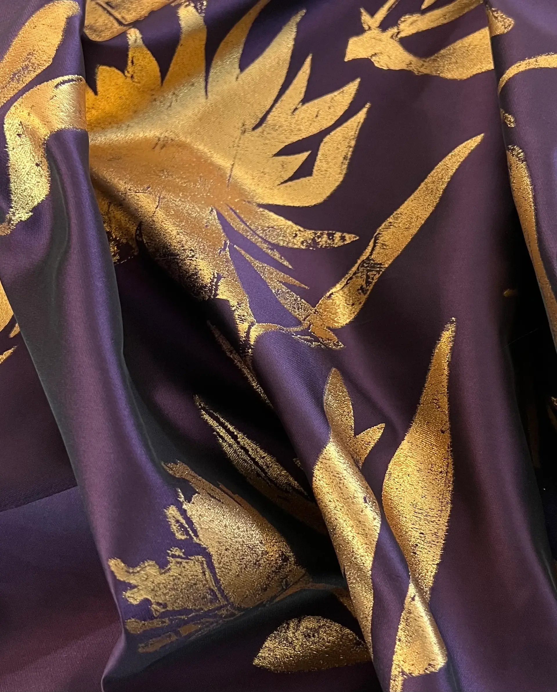 Silk & Polyester "Foil Print" Woven Mikado Panel in Aubergine