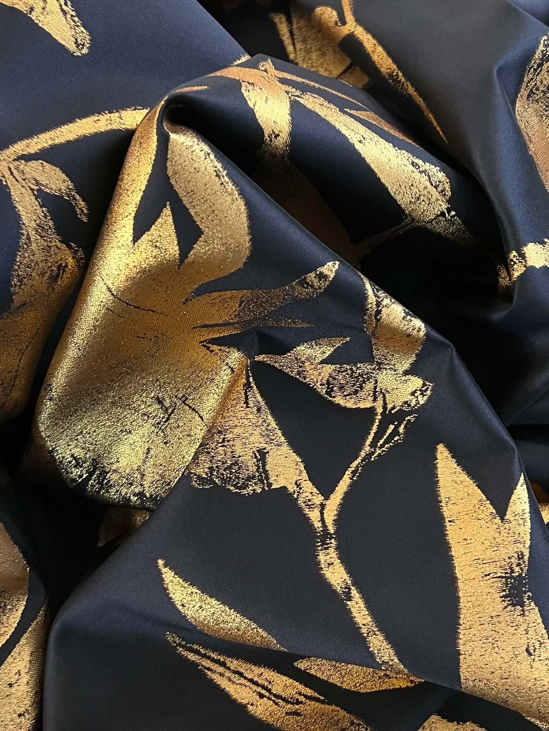Silk & Polyester "Foil Print" Woven Mikado Panel in Navy